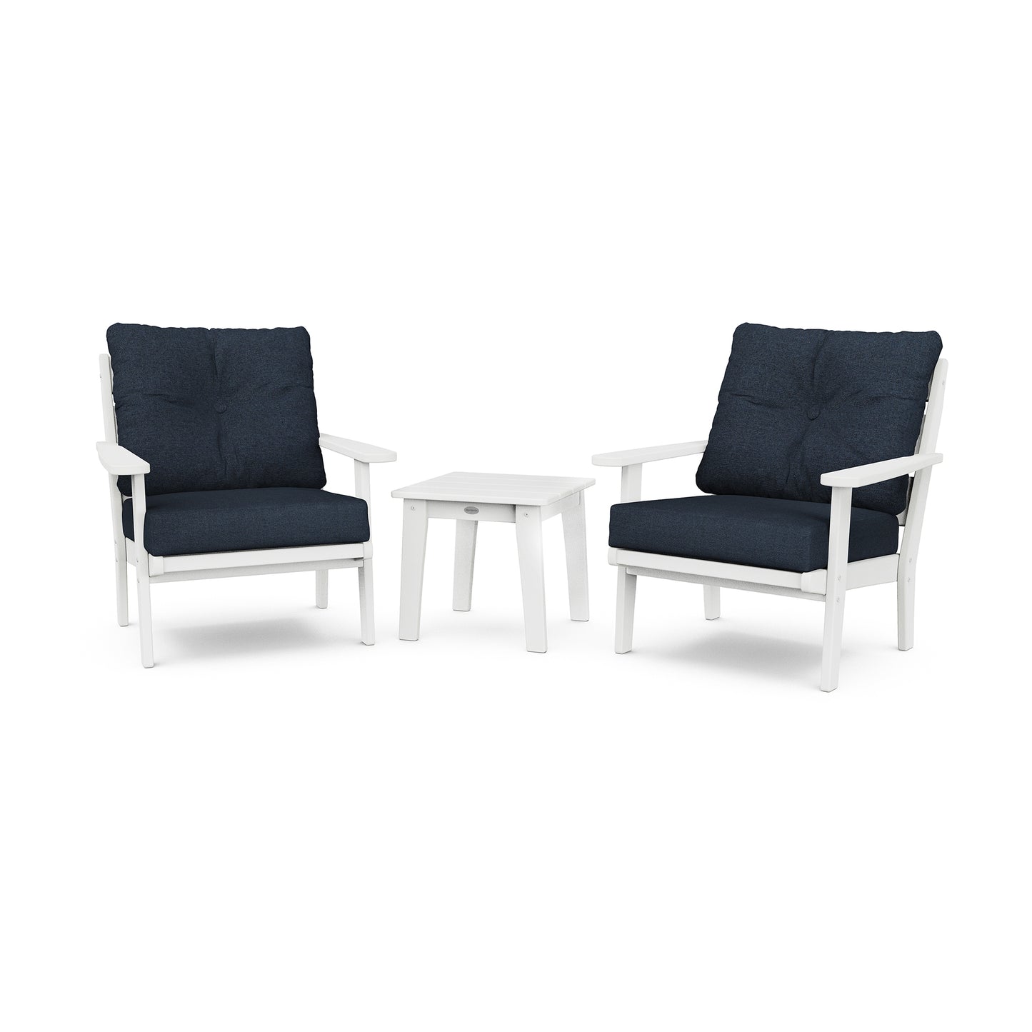 Two white POLYWOOD Lakeside 3-Piece Deep Seating chairs crafted from POLYWOOD® lumber frames with dark blue cushions facing forward, accompanied by a small white square side table between them, set against a white background.