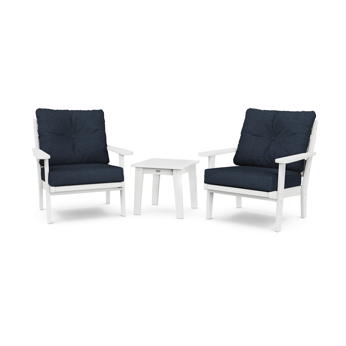 POLYWOOD Lakeside 3-Piece Deep Seating Set featuring two elegant white armchairs with plush dark blue cushions and a durable mildew-resistant side table.