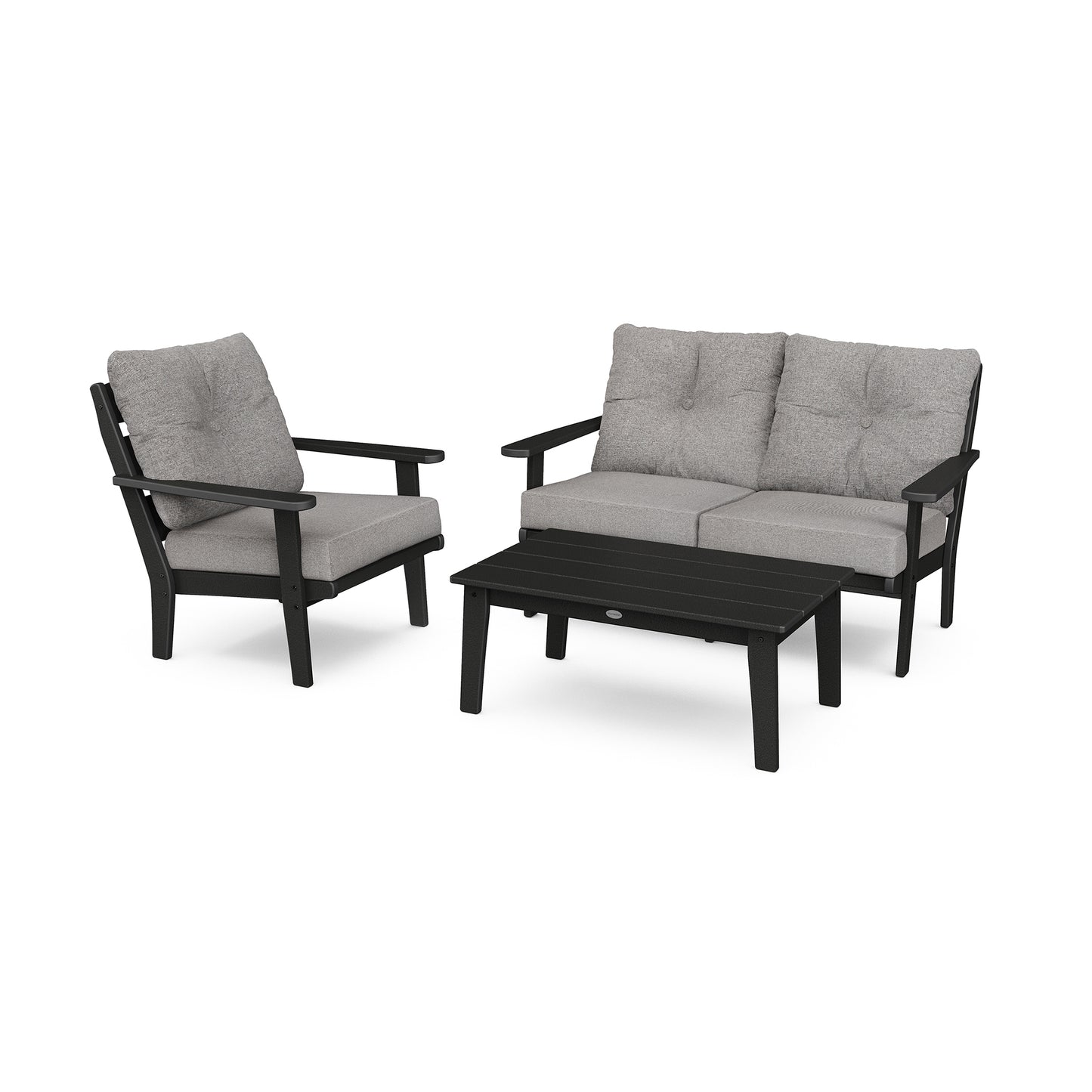 POLYWOOD Lakeside Deep Seating Set featuring a cushioned armchair, sofa, and coffee table in dark wood-like POLYWOOD® with gray cushions.