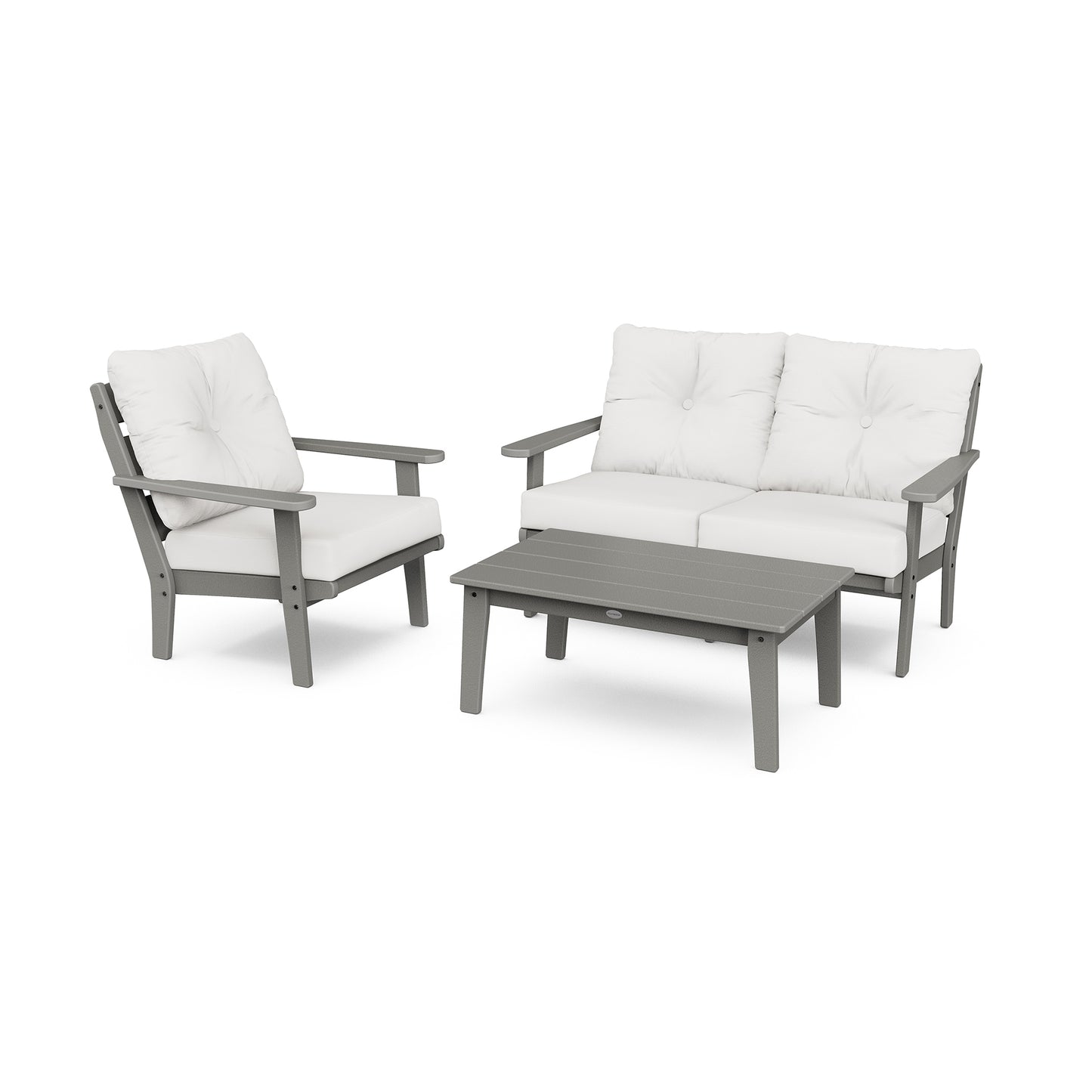 POLYWOOD Lakeside 3-Piece Set featuring a loveseat, armchair, and coffee table with elegant gray frames and pristine white cushions for classic outdoor comfort.