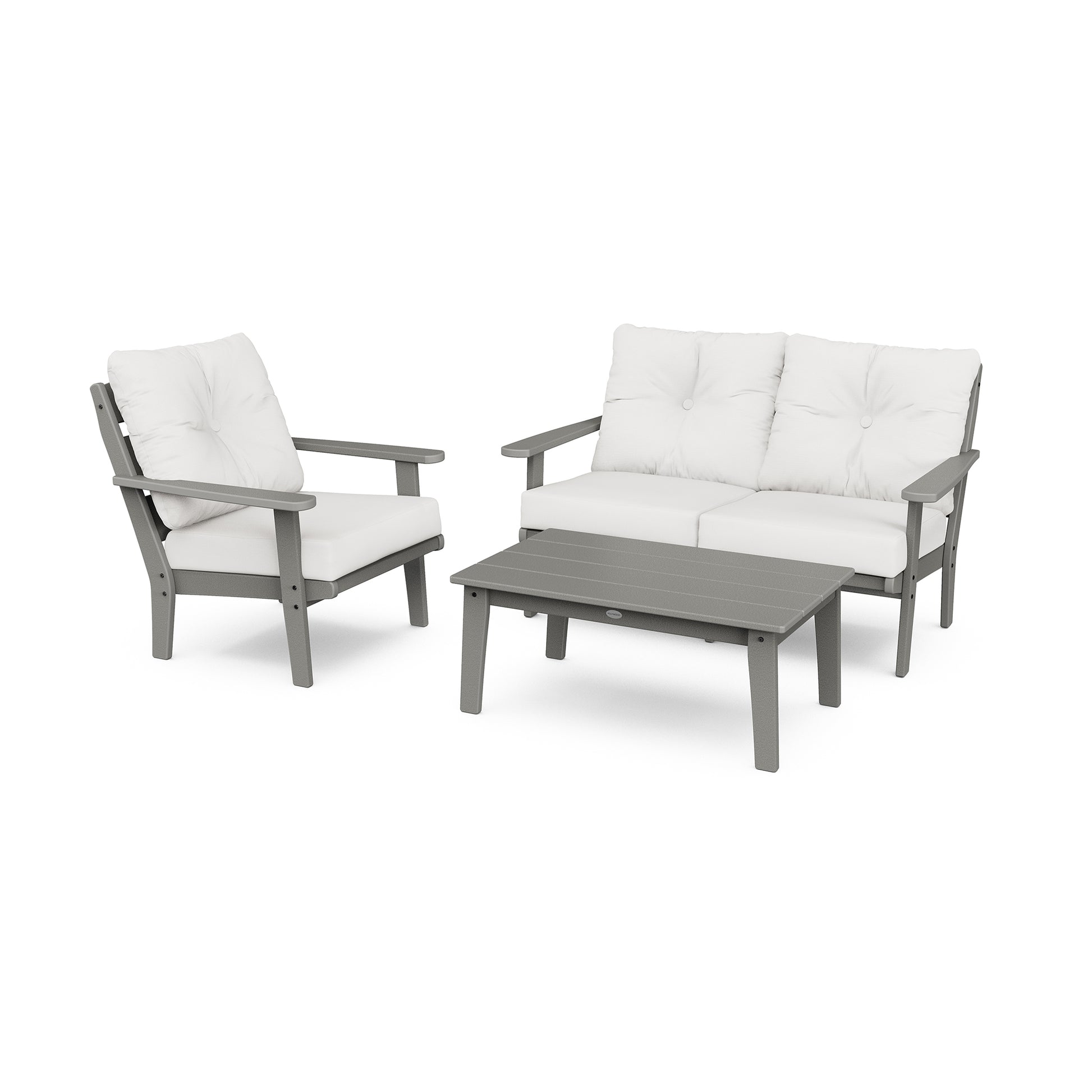 POLYWOOD Lakeside 3-Piece Set featuring a loveseat, armchair, and coffee table with elegant gray frames and pristine white cushions for classic outdoor comfort.