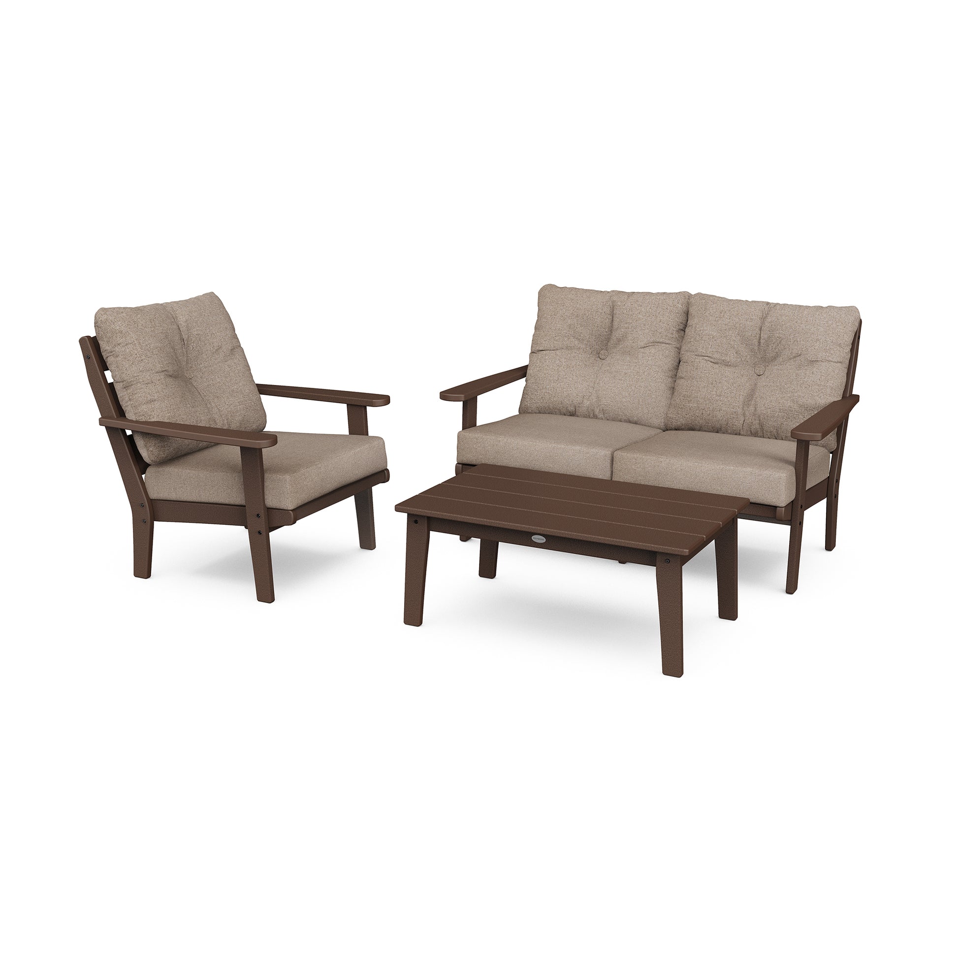POLYWOOD Lakeside 3-Piece Deep Seating Set featuring a cushioned loveseat, armchair, and rectangular coffee table in brown and beige.