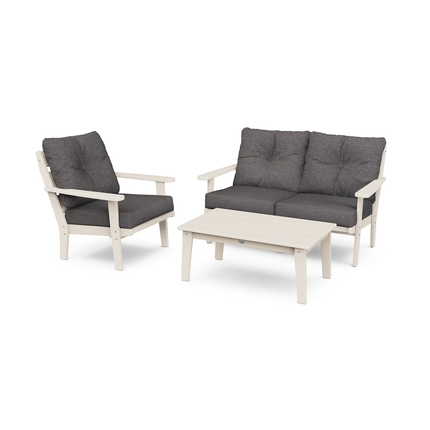 Outdoor furniture set featuring two cushioned armchairs and a small rectangular table, all constructed with POLYWOOD Lakeside 3-Piece Deep Seating Set frames in a coordinating white and gray color scheme, isolated on a white background.