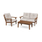 A POLYWOOD Lakeside 3-Piece Deep Seating Set featuring two wooden armchairs with beige cushions and a matching wooden coffee table, all on a white background.