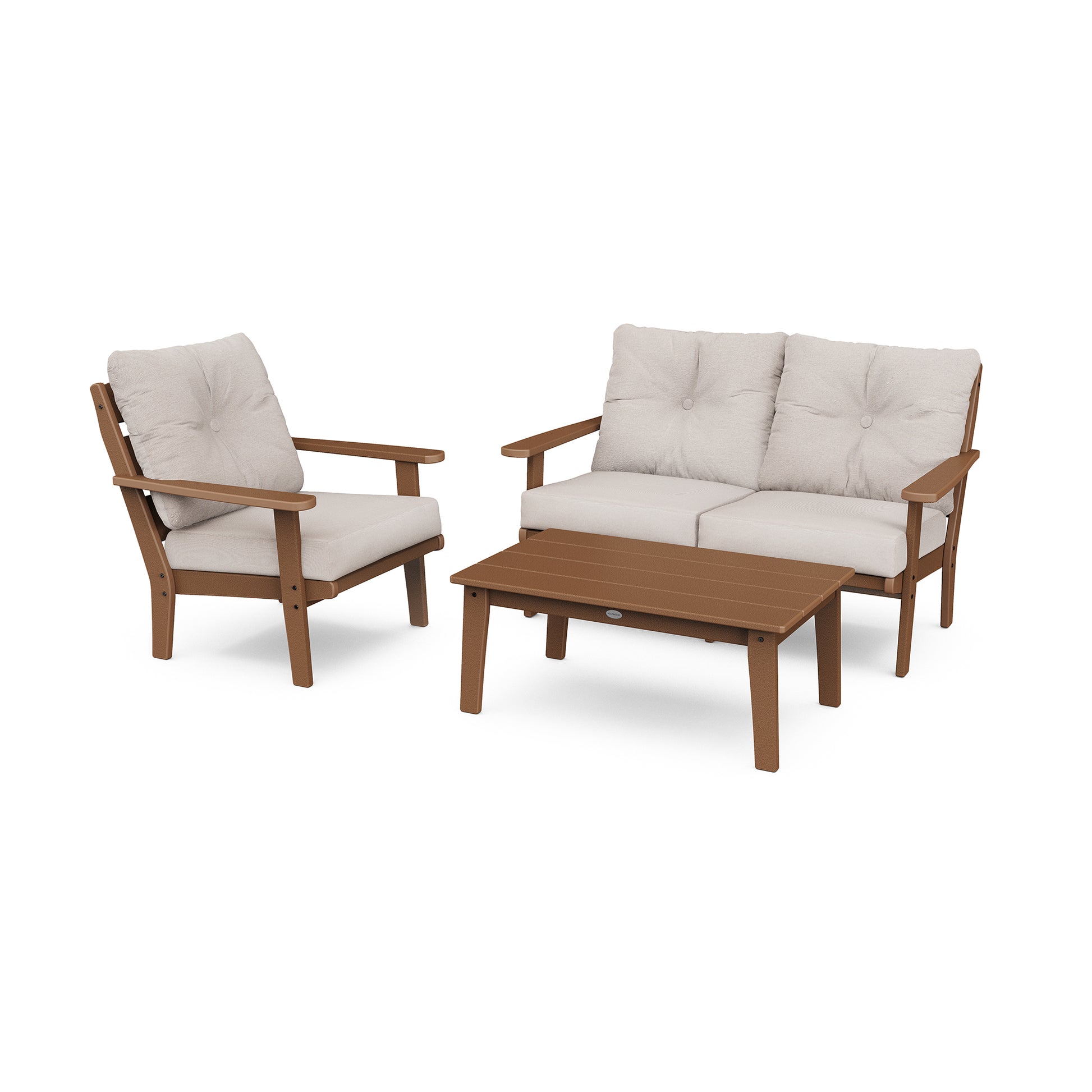 A POLYWOOD Lakeside 3-Piece Deep Seating Set featuring two wooden armchairs with beige cushions and a matching wooden coffee table, all on a white background.
