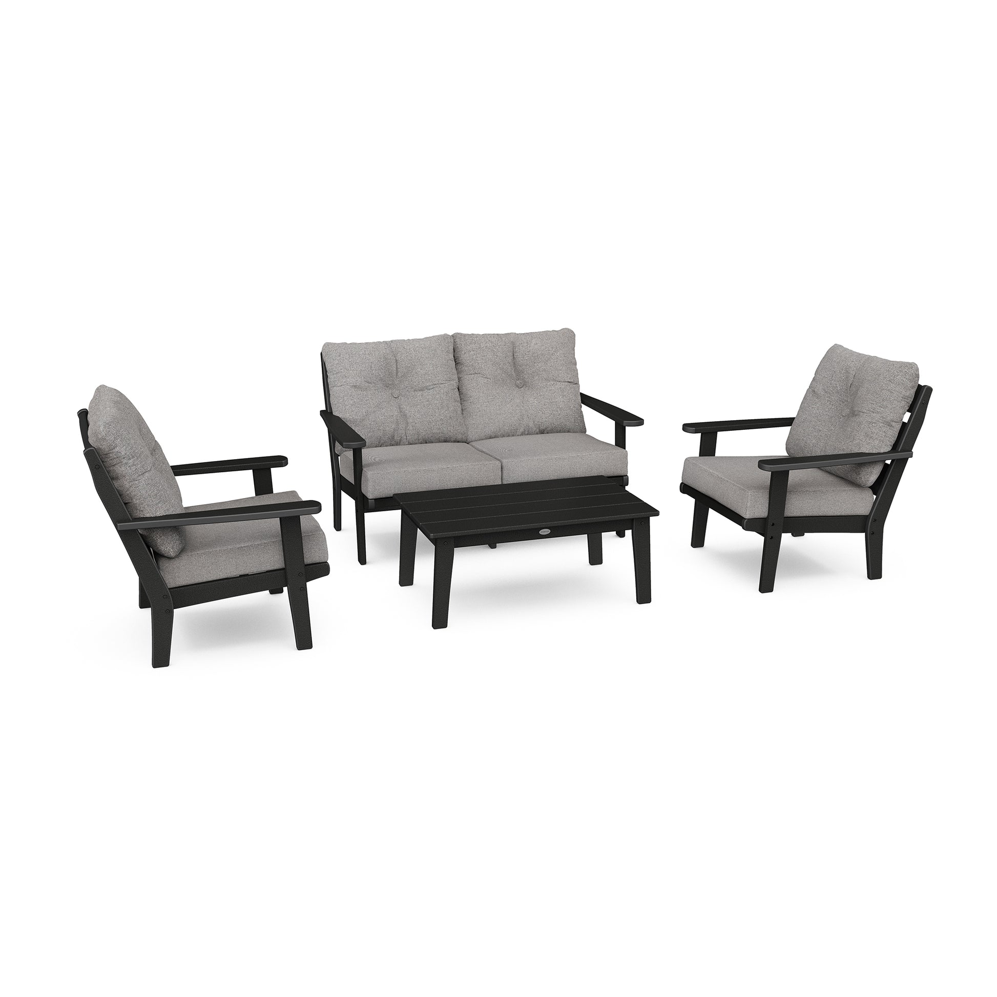 A modern POLYWOOD Lakeside 4-Piece Deep Seating Set featuring two armchairs, one loveseat, and a coffee table, all in dark gray with light gray cushions, crafted from POLY.