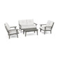A modern all-weather outdoor seating set consisting of two POLYWOOD Lakeside armchairs, a POLYWOOD Lakeside loveseat, and a POLYWOOD Lakeside coffee table, all in gray with white cushions, displayed against a white background.