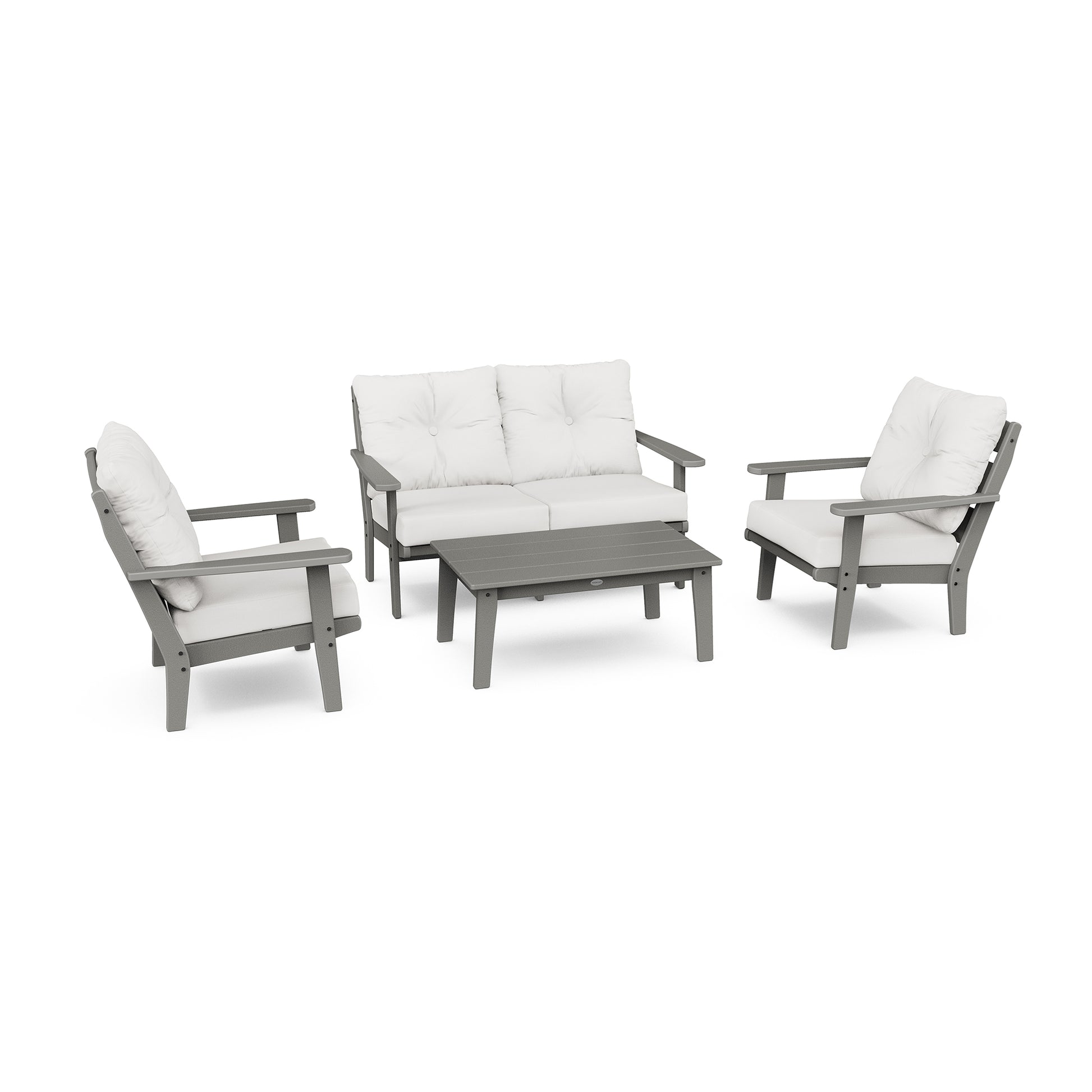 POLYWOOD Lakeside set features sturdy gray-framed armchairs, a loveseat, and a coffee table with white cushions designed for all-weather durability.