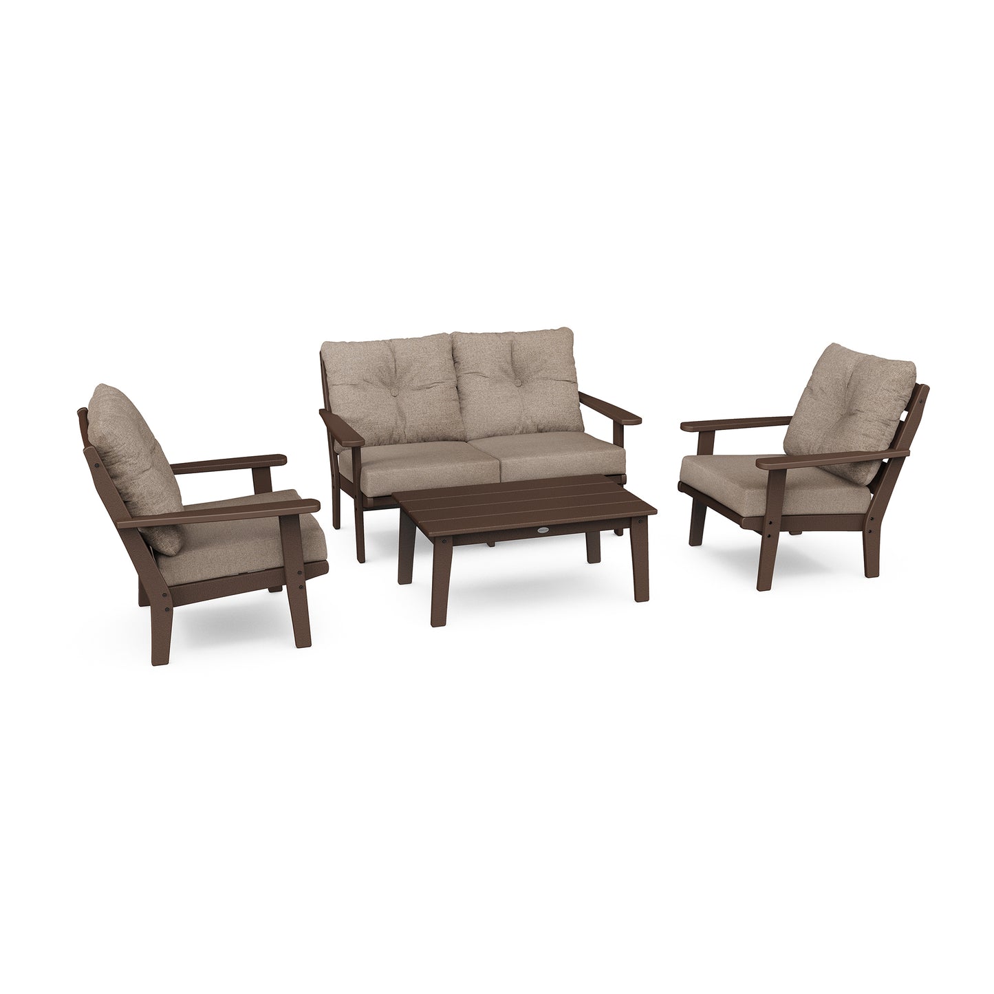 A POLYWOOD Lakeside 4-Piece Deep Seating Set featuring two armchairs, a loveseat, and a coffee table, all made of brown POLYWOOD® lumber with beige cushions.