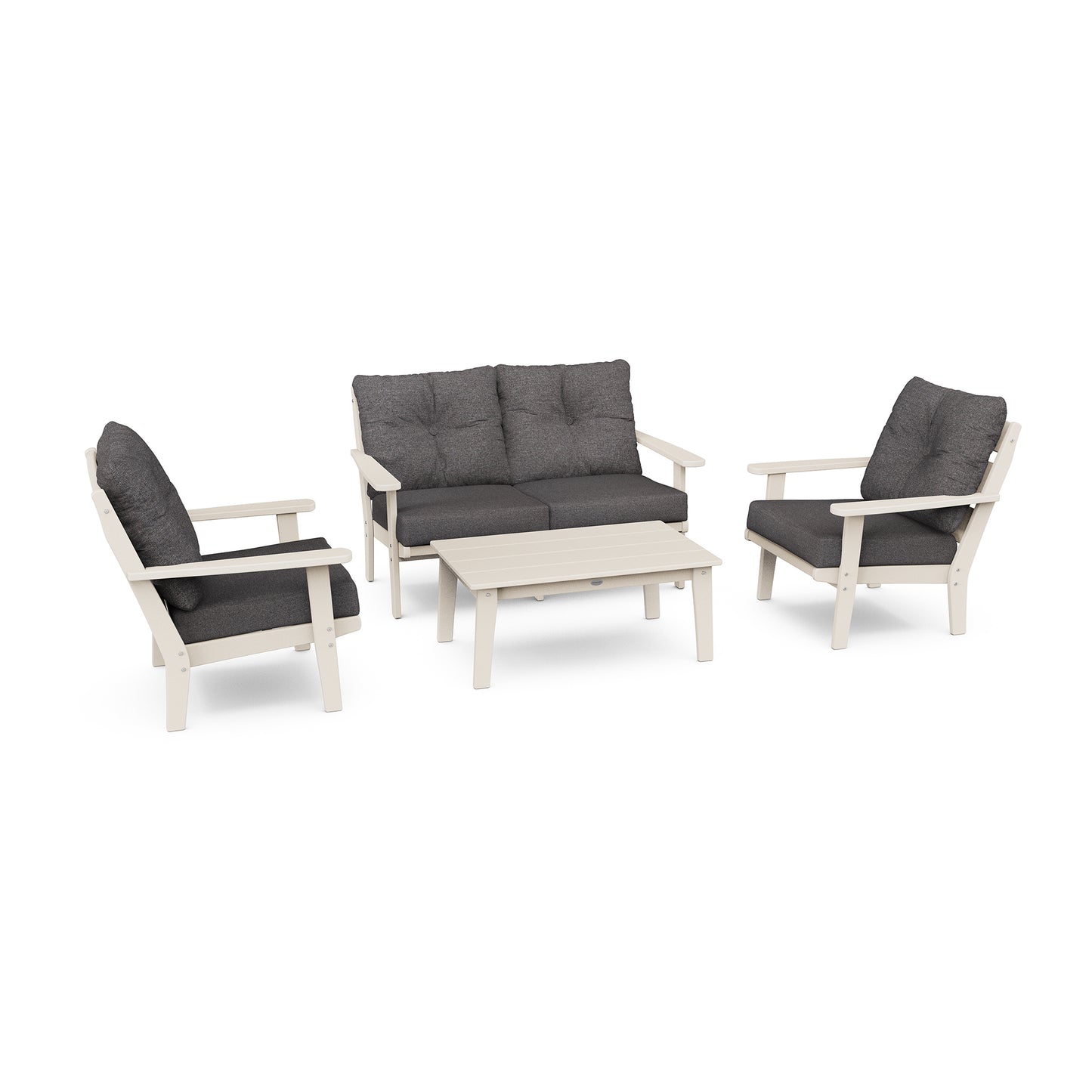 A modern all-weather outdoor seating set comprising two POLYWOOD Lakeside armchairs, a POLYWOOD Lakeside loveseat, and a POLYWOOD Lakeside coffee table, all in white and gray, displayed against a white background.
