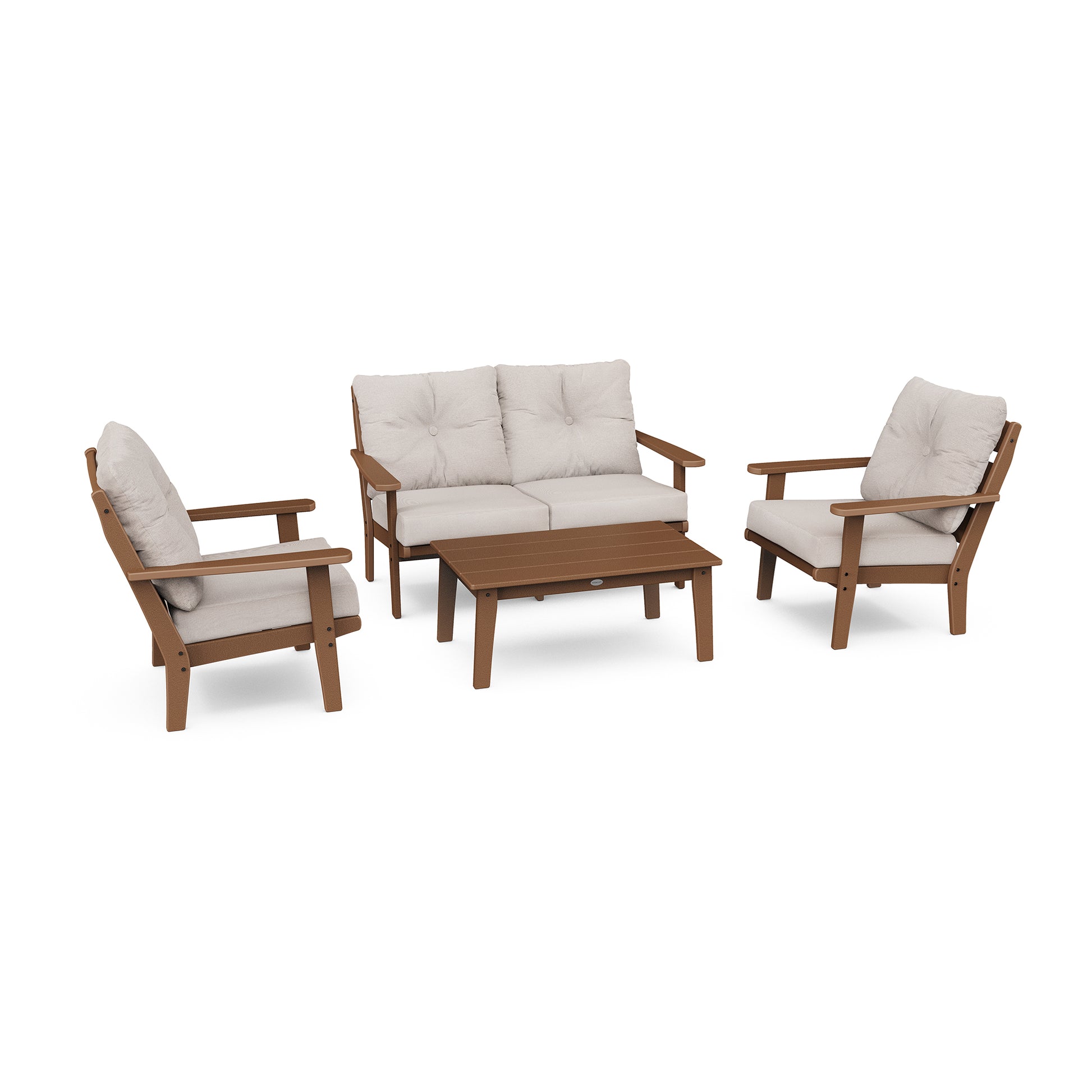 A POLYWOOD Lakeside 4-Piece Deep Seating Set with a POLYWOOD® lumber finish, featuring two single chairs, a double chair, and a rectangular coffee table, all accessorized with light.