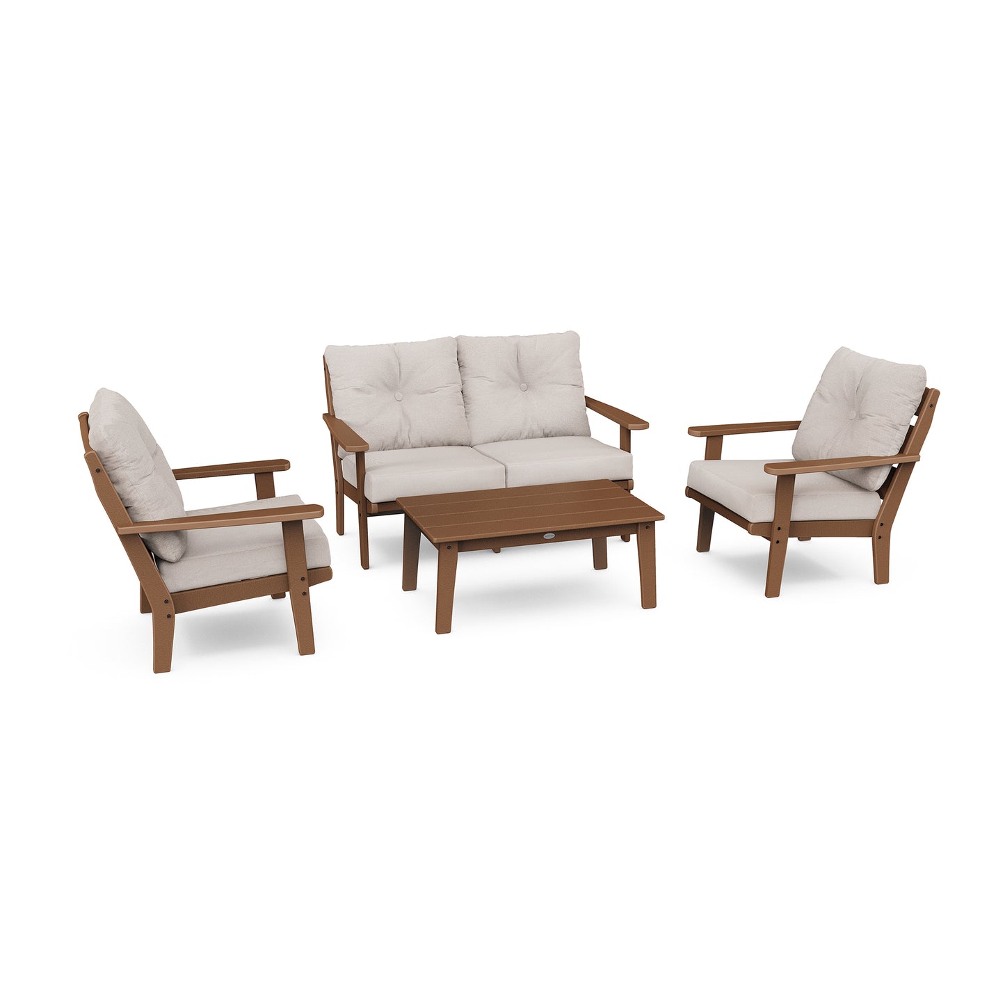 POLYWOOD Lakeside sofa, two armchairs with beige cushions, and rectangular coffee table from 4-piece deep seating set.
