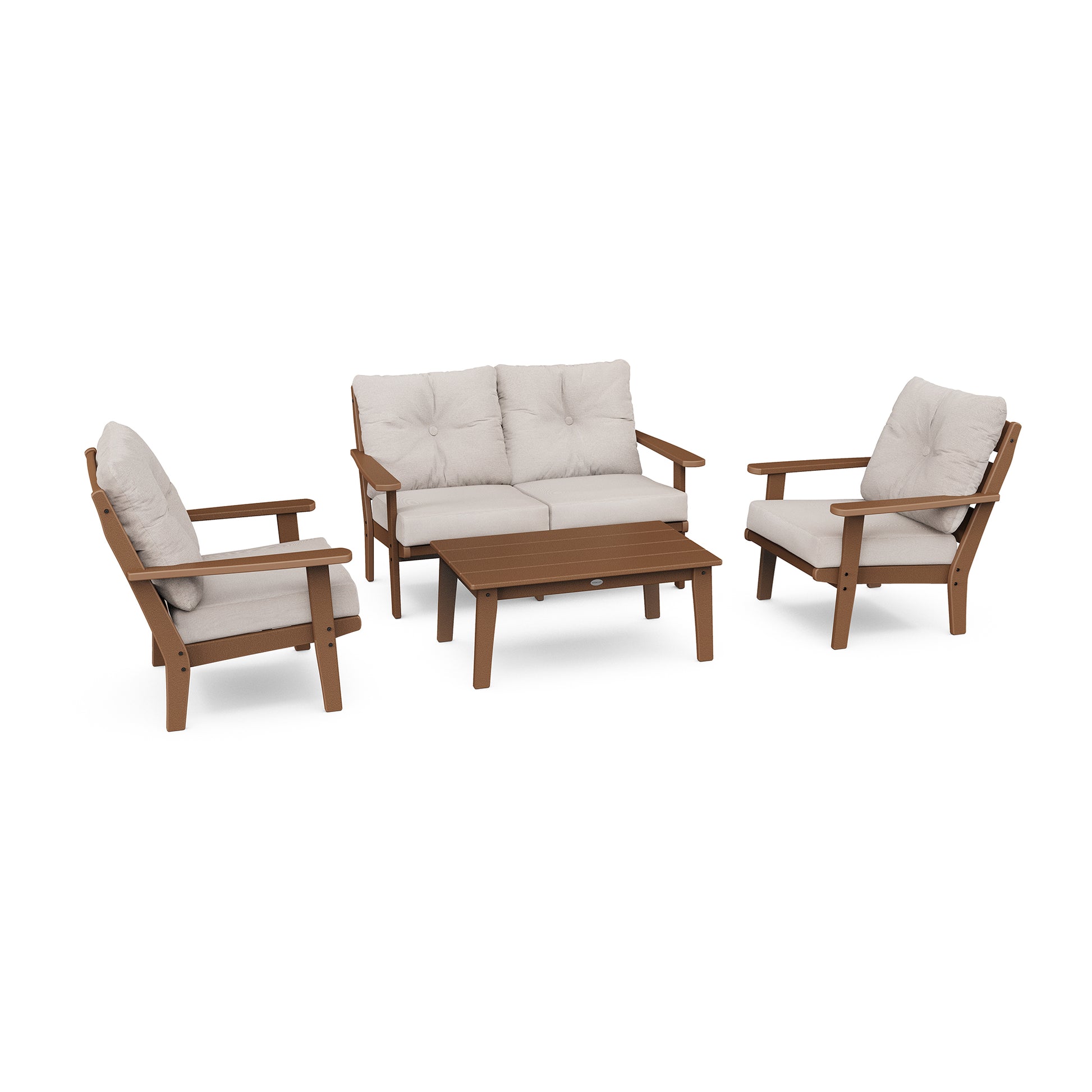 POLYWOOD Lakeside sofa, two armchairs with beige cushions, and rectangular coffee table from 4-piece deep seating set.