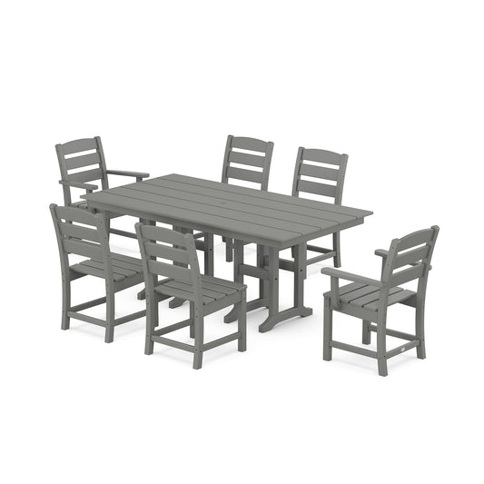 A weather-resistant POLYWOOD Lakeside 7-Piece Farmhouse Dining Set with a rectangular table and matching chairs, rendered in a gray color.