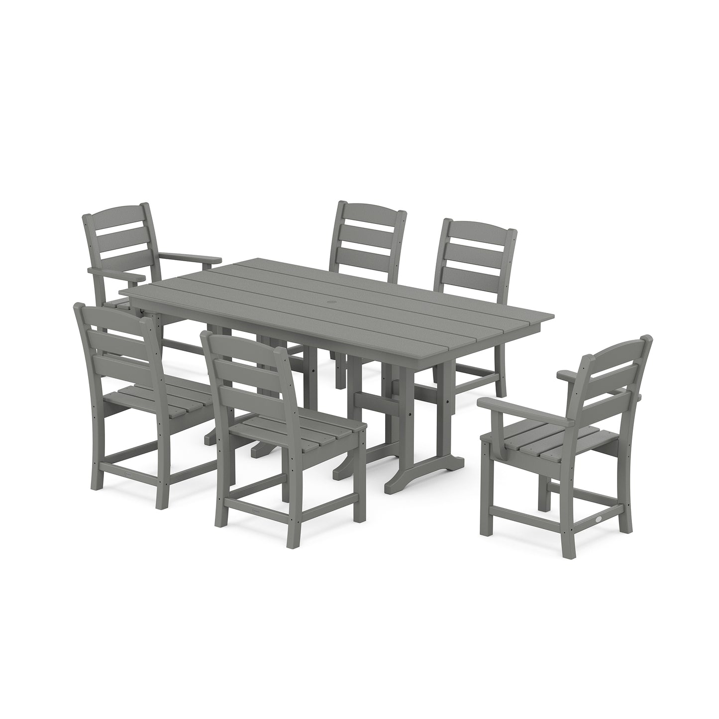 POLYWOOD Lakeside 7-Piece Farmhouse Dining Set with table and six stylish chairs for outdoor dining.