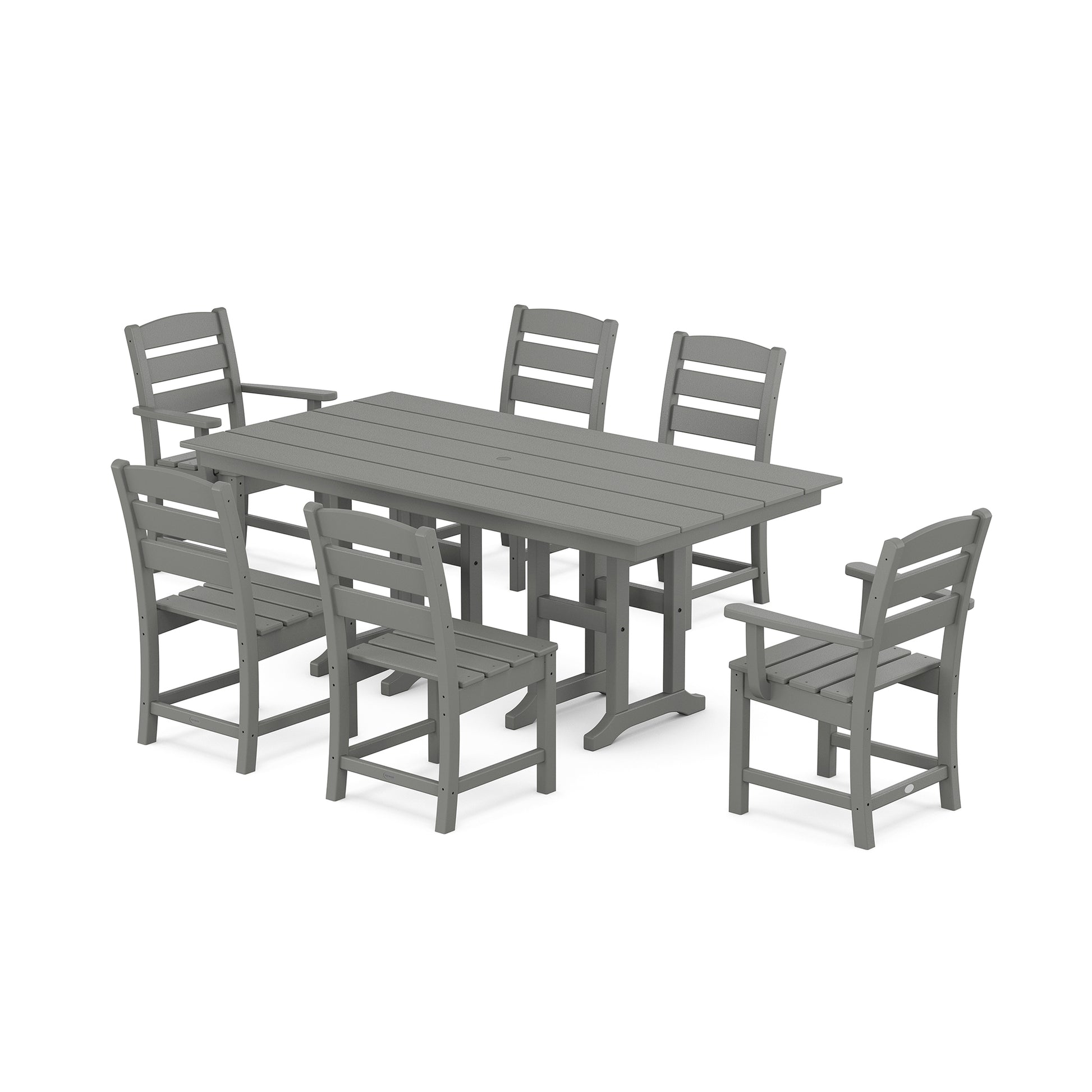 POLYWOOD Lakeside 7-Piece Farmhouse Dining Set with table and six stylish chairs for outdoor dining.
