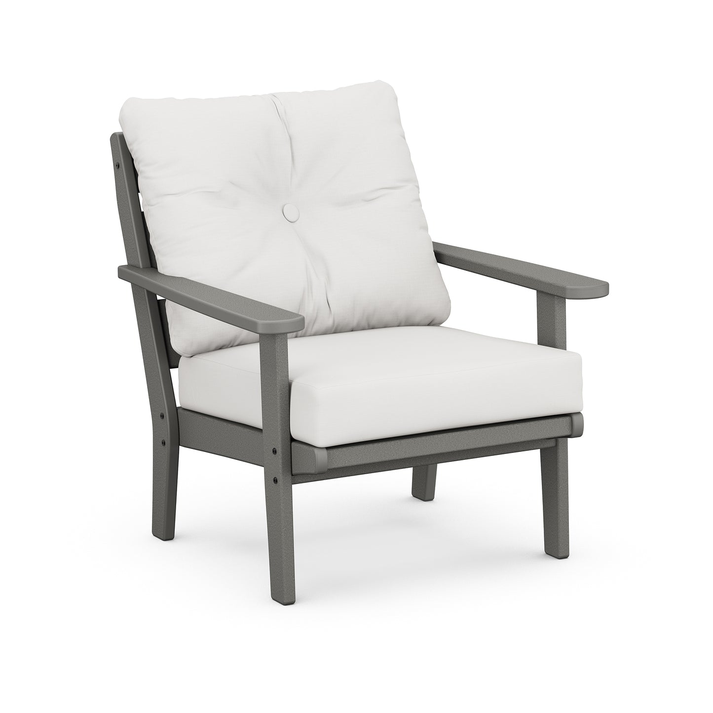 POLYWOOD Lakeside Deep Seating Chair in gray with white cushions and a single button tuft, designed for stylish outdoor comfort.