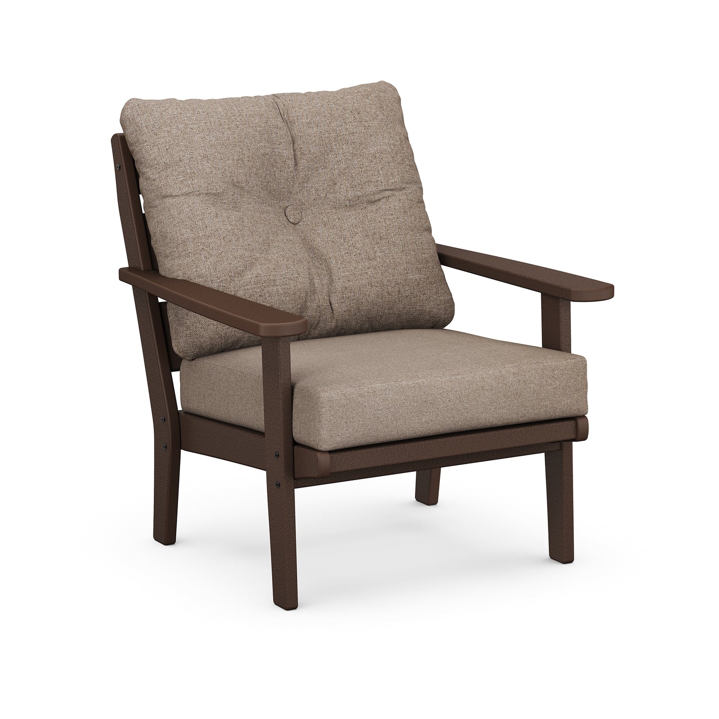POLYWOOD Lakeside Deep Seating Chair with brown wooden frame and beige fabric cushions, featuring a mildew-resistant design.