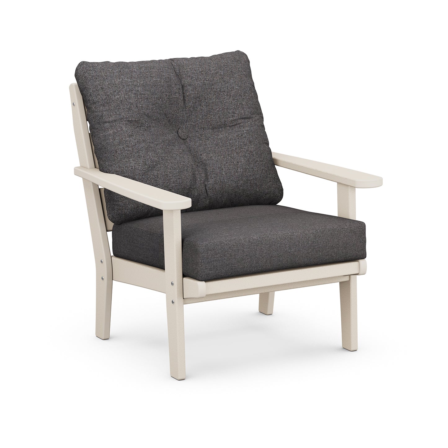 POLYWOOD Lakeside Deep Seating Chair featuring dark gray, mildew-resistant cushions on a durable white frame designed for all-weather outdoor comfort.