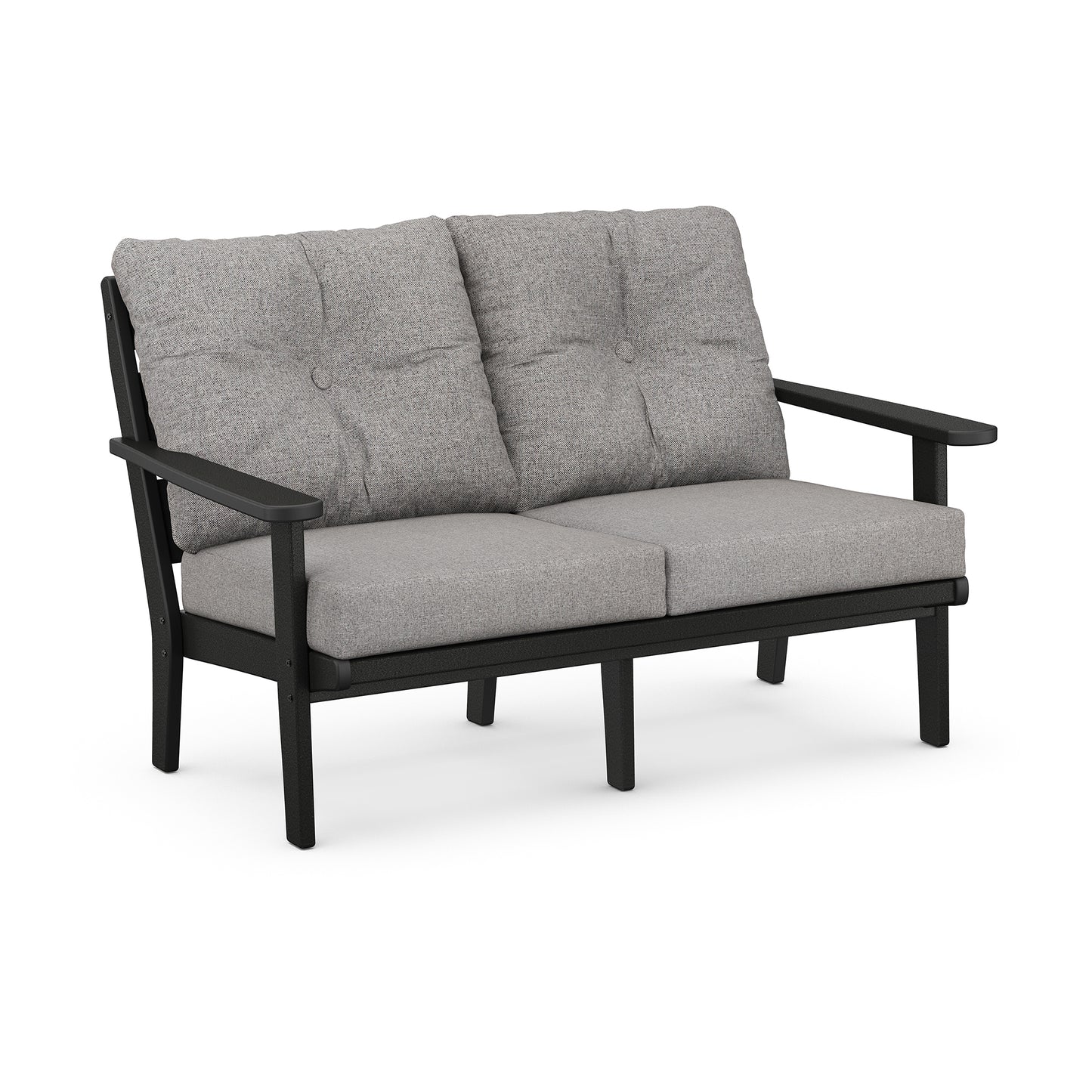 POLYWOOD Lakeside Loveseat featuring tufted light gray cushions on a dark wood frame.