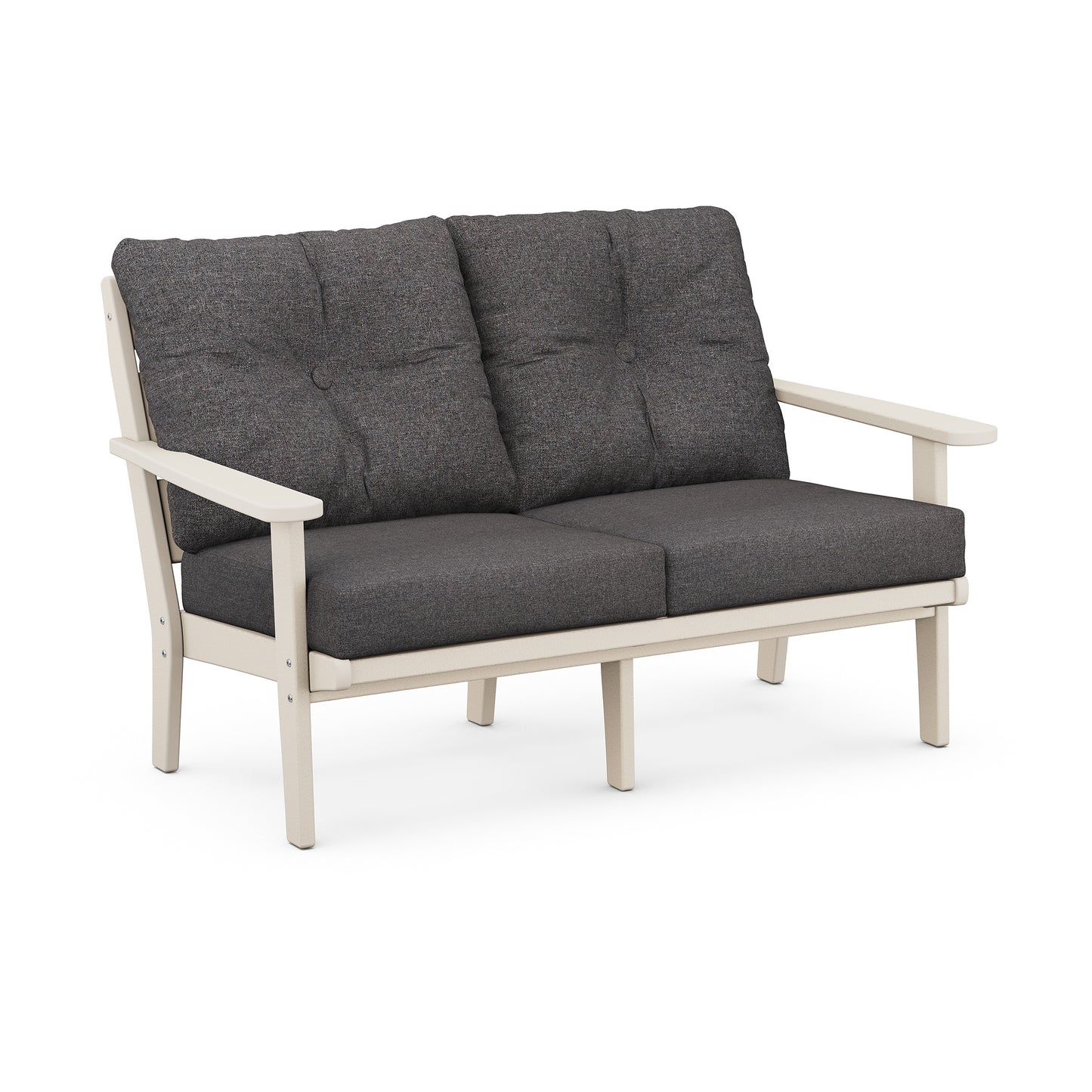 White POLYWOOD Lakeside Deep Seating Loveseat with dark gray cushions, crafted from durable all-weather POLYWOOD® lumber.