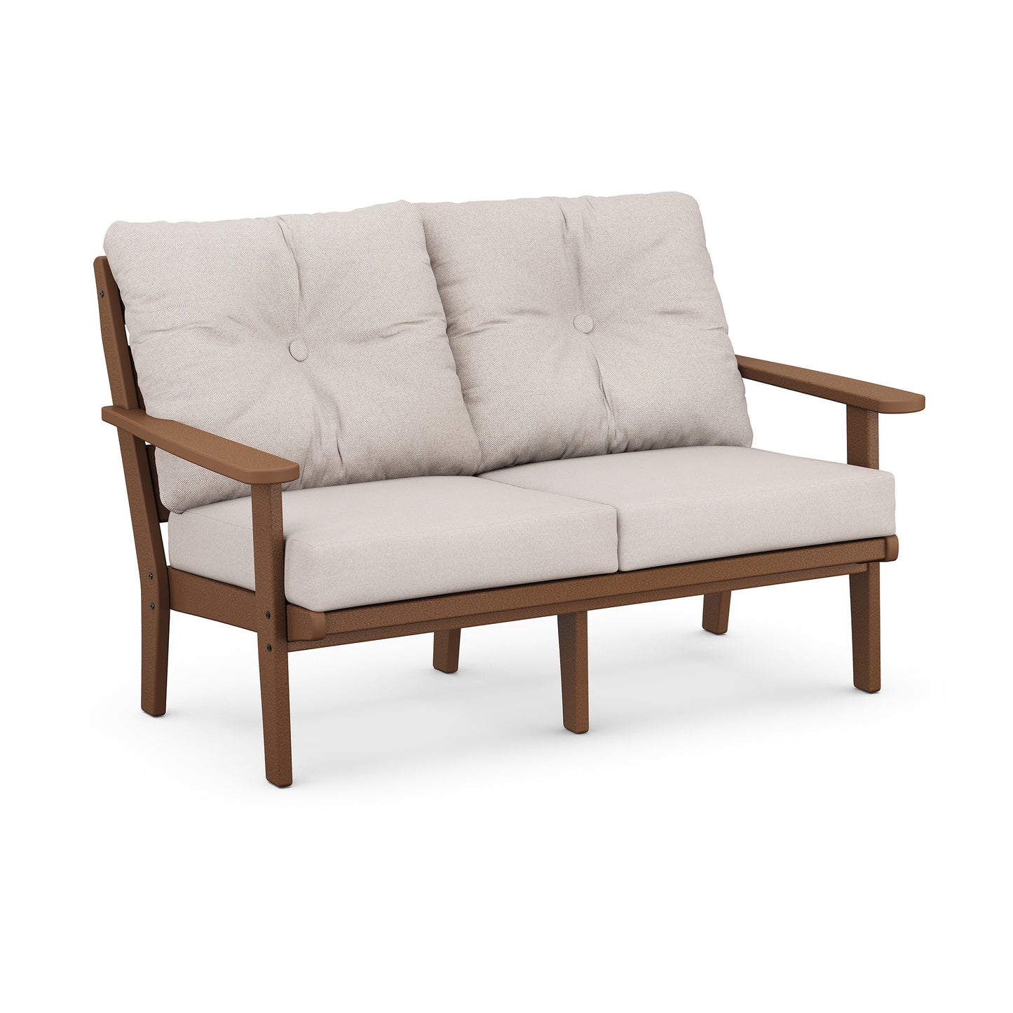 POLYWOOD Lakeside Deep Seating Loveseat with light beige tufted cushions and durable wooden frame designed for all-weather outdoor use.