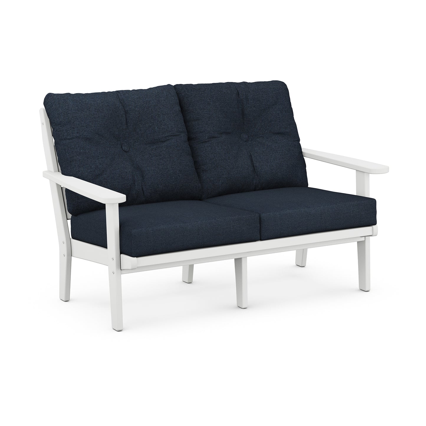 White POLYWOOD Lakeside Deep Seating Loveseat with dark blue cushions made from durable all-weather genuine POLYWOOD lumber.
