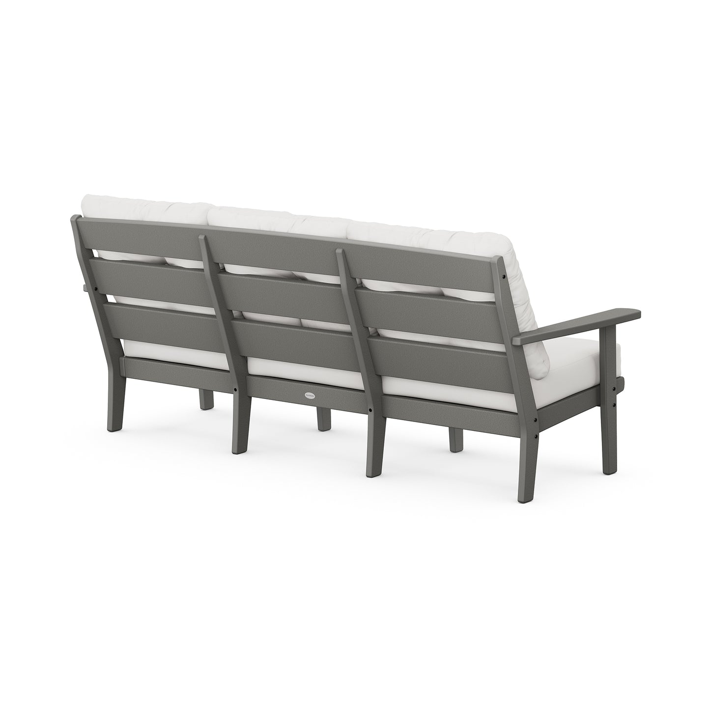 Back view of the POLYWOOD Lakeside Deep Seating Sofa showcasing its wooden frame, gray all-weather design, and white cushions.