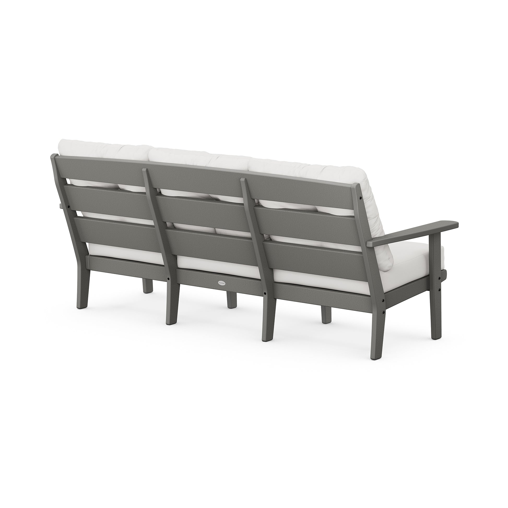 Back view of the POLYWOOD Lakeside Deep Seating Sofa showcasing its wooden frame, gray all-weather design, and white cushions.