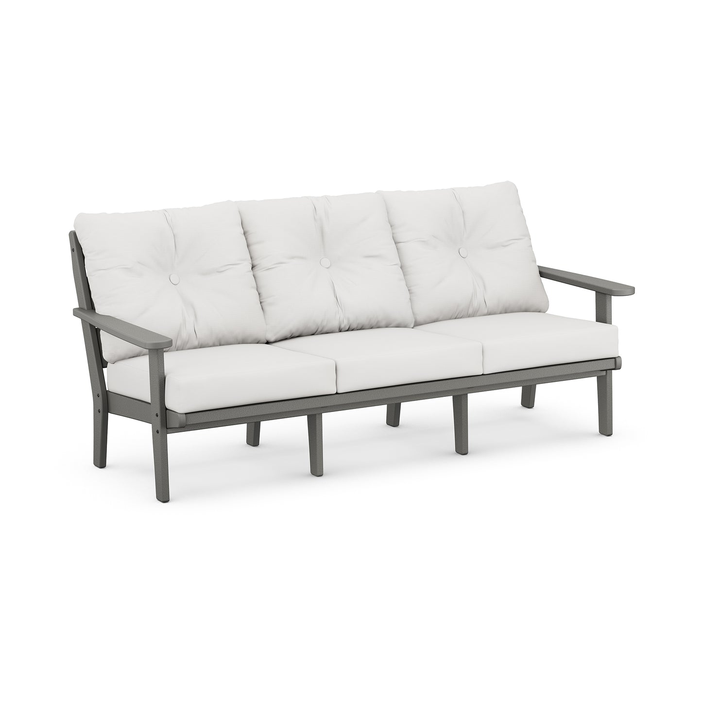 POLYWOOD Lakeside Deep Seating Sofa with light gray cushions, dark metal frame, button-tufted back, and angled armrests.
