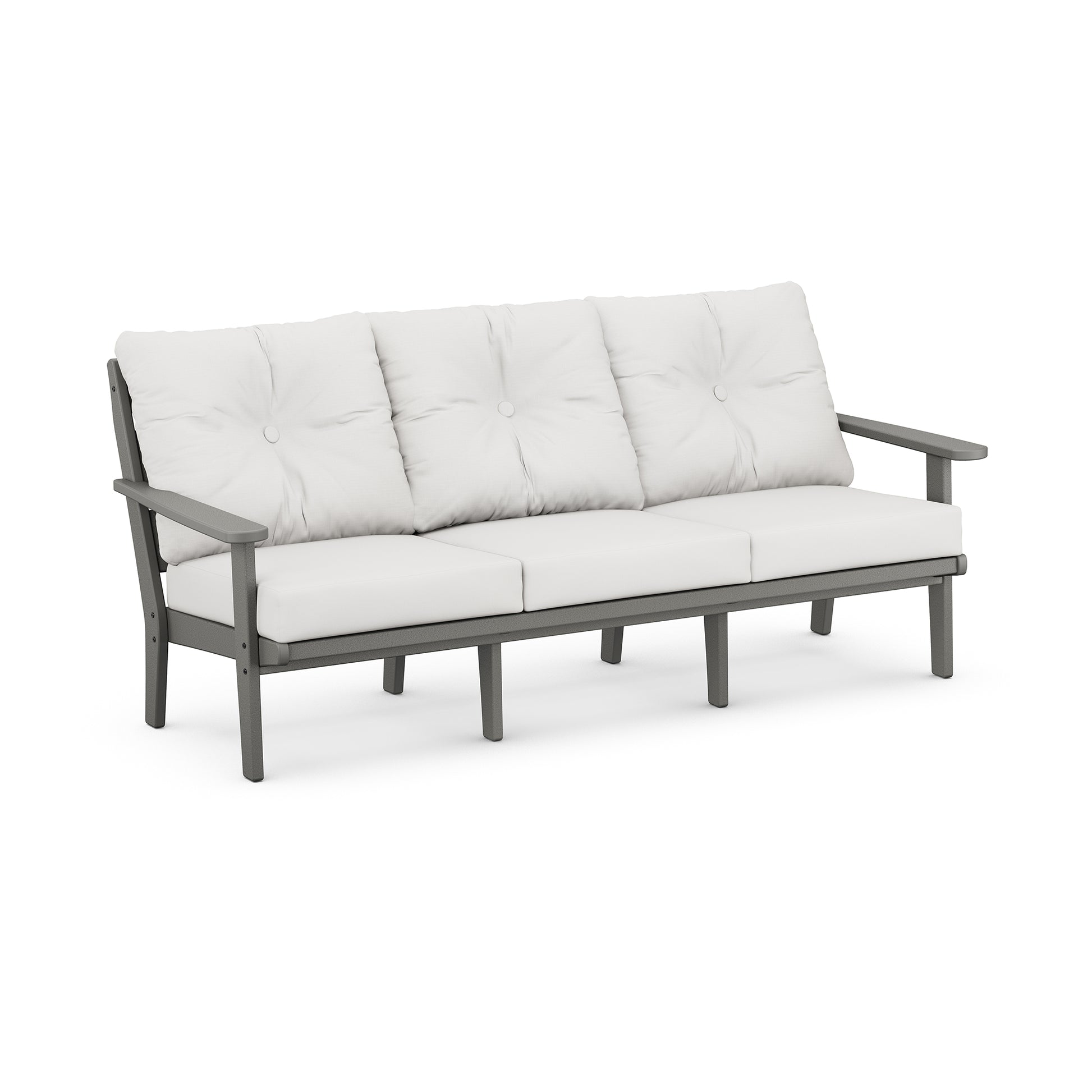 POLYWOOD Lakeside Deep Seating Sofa with light gray cushions, dark metal frame, button-tufted back, and angled armrests.