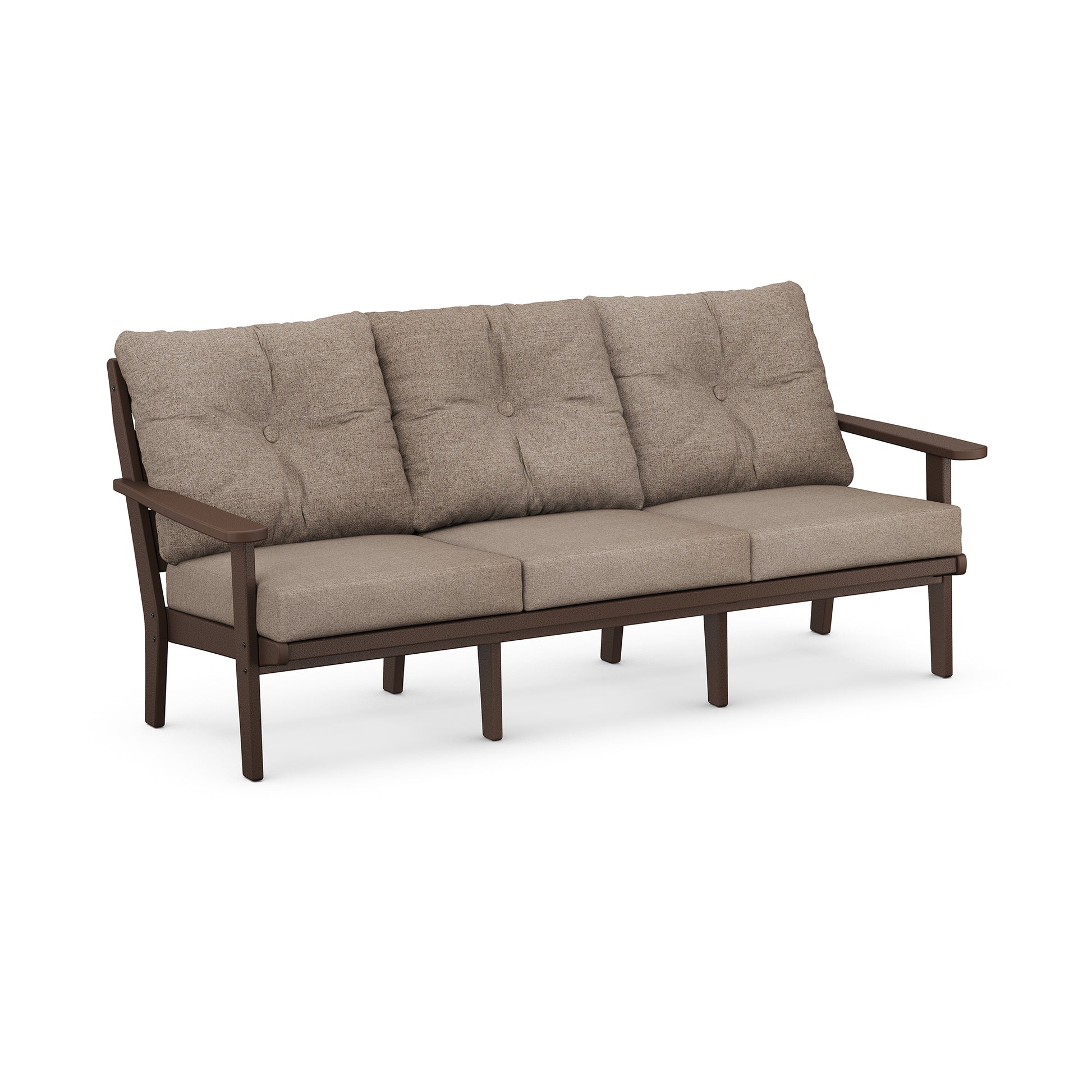 Brown wooden frame with beige fade-resistant tufted cushions on the POLYWOOD Lakeside Deep Seating Sofa.