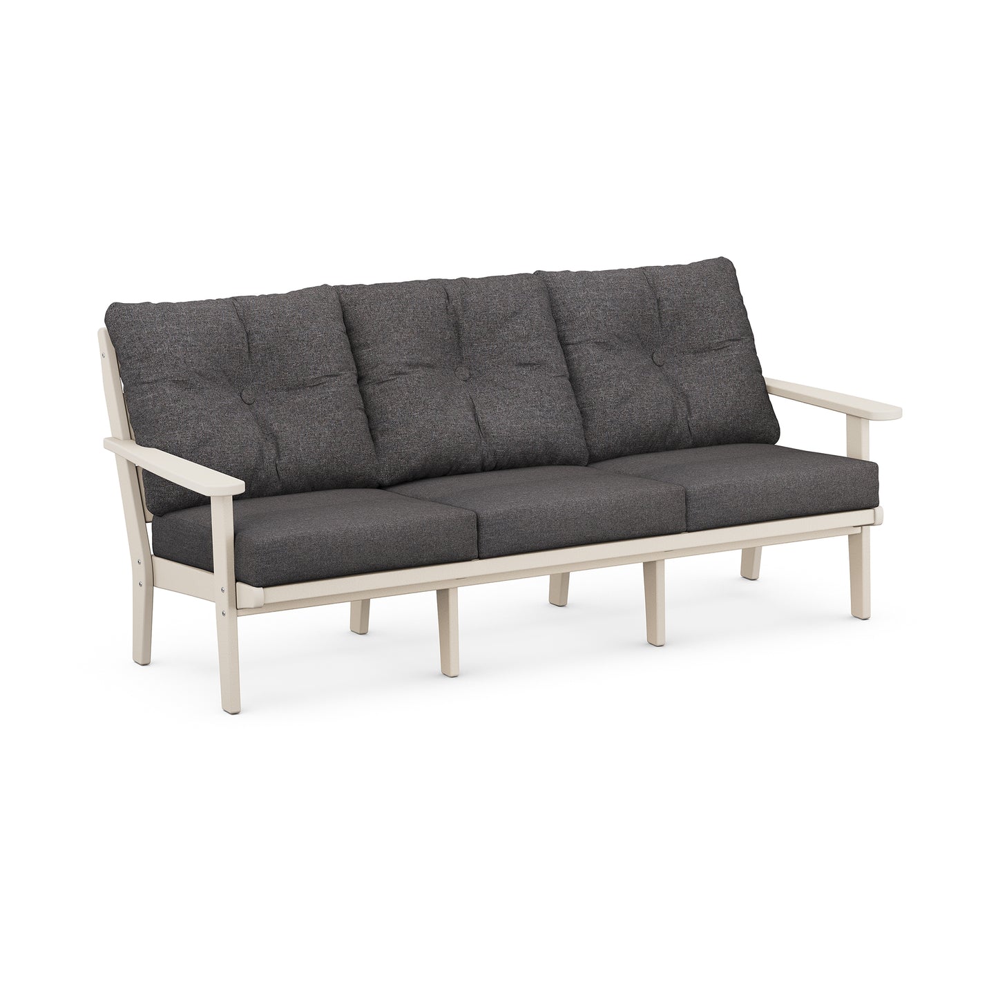 POLYWOOD Lakeside Sofa with light frame and dark gray all-weather cushions.