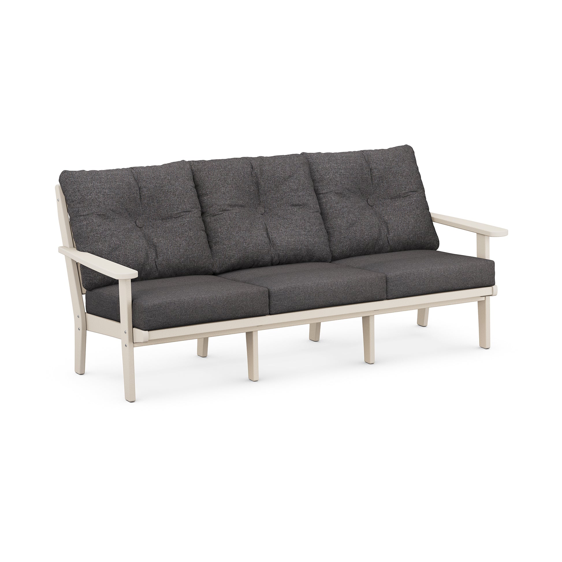 POLYWOOD Lakeside Sofa with light frame and dark gray all-weather cushions.