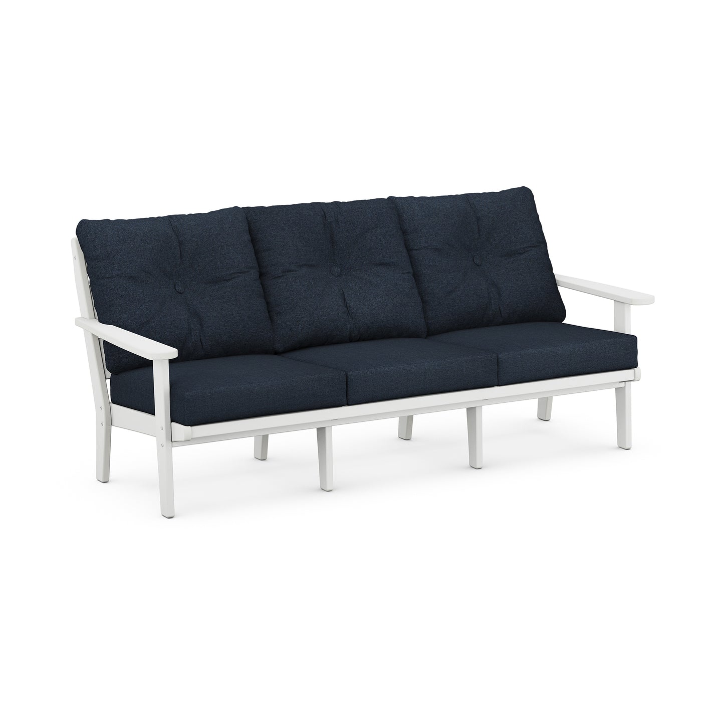POLYWOOD Lakeside Deep Seating Sofa, contemporary all-weather white wood with dark blue cushioned seats.