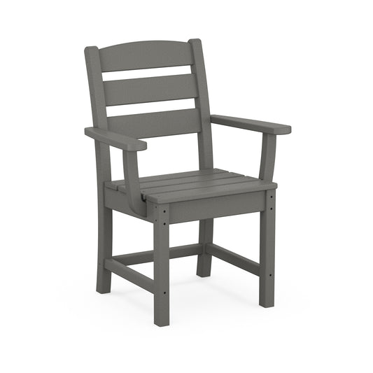 A graphite-colored POLYWOOD Lakeside Dining Arm Chair with a tall back and wide armrests, shown against a white background. The chair features a simple, sturdy design suitable for outdoor use.