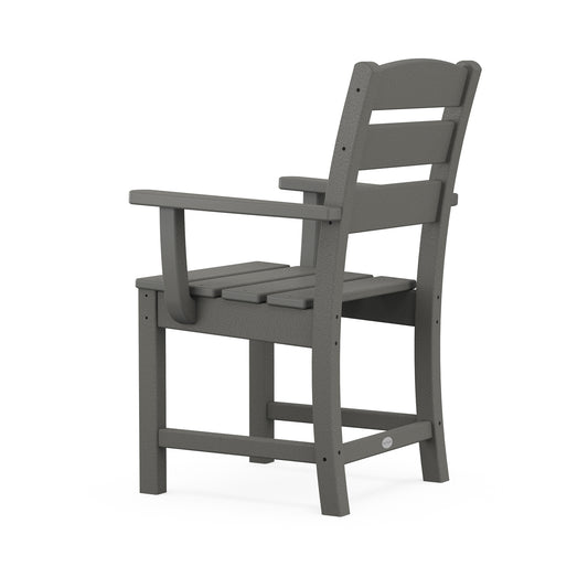 Gray POLYWOOD Lakeside Dining Arm Chair with armrests and a slatted back, crafted from weather-resistant lumber, displayed from the rear angle.