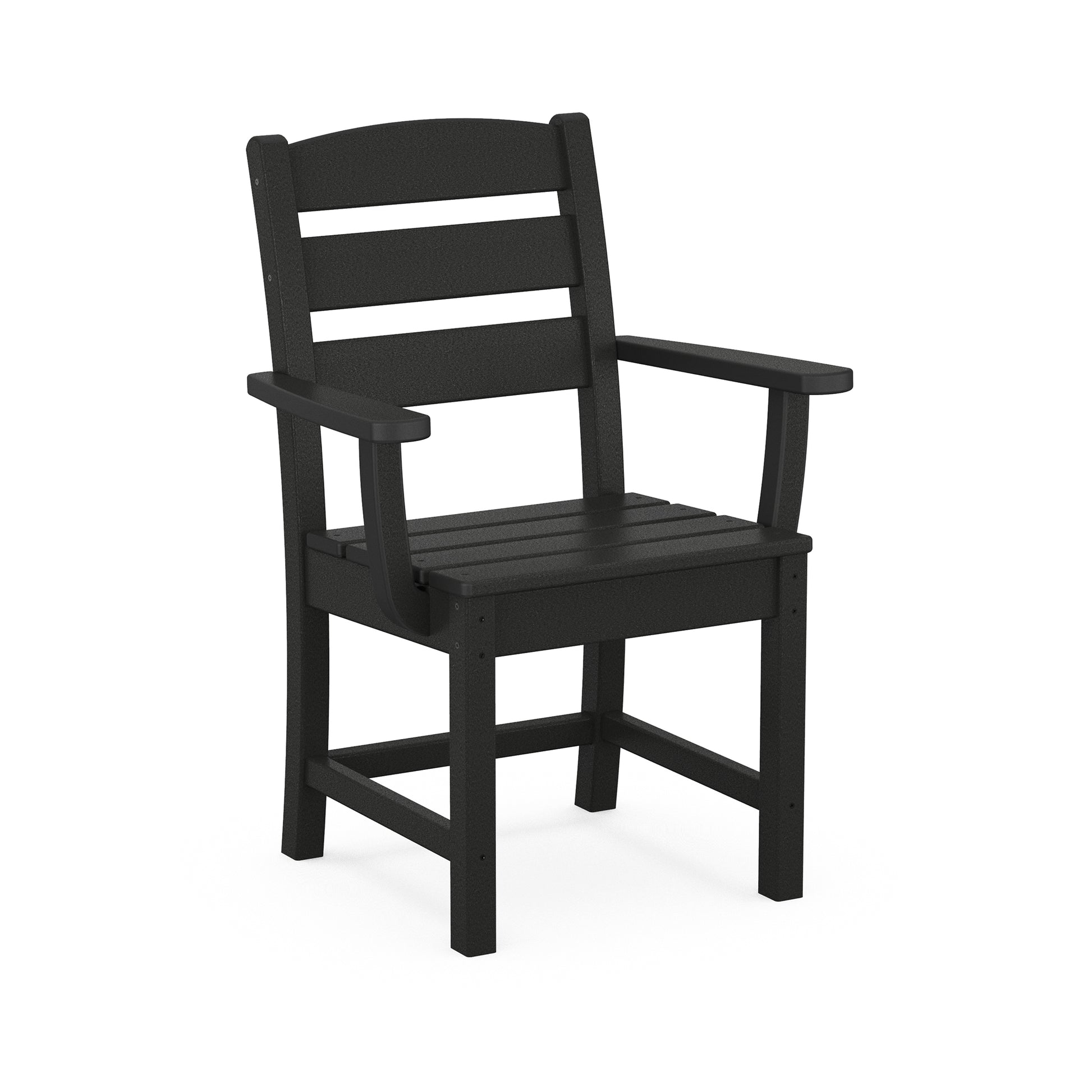 A black POLYWOOD Lakeside Dining Arm Chair made of synthetic material with a simple design featuring straight slats on the backrest and seat, and armrests, set against a plain white background.