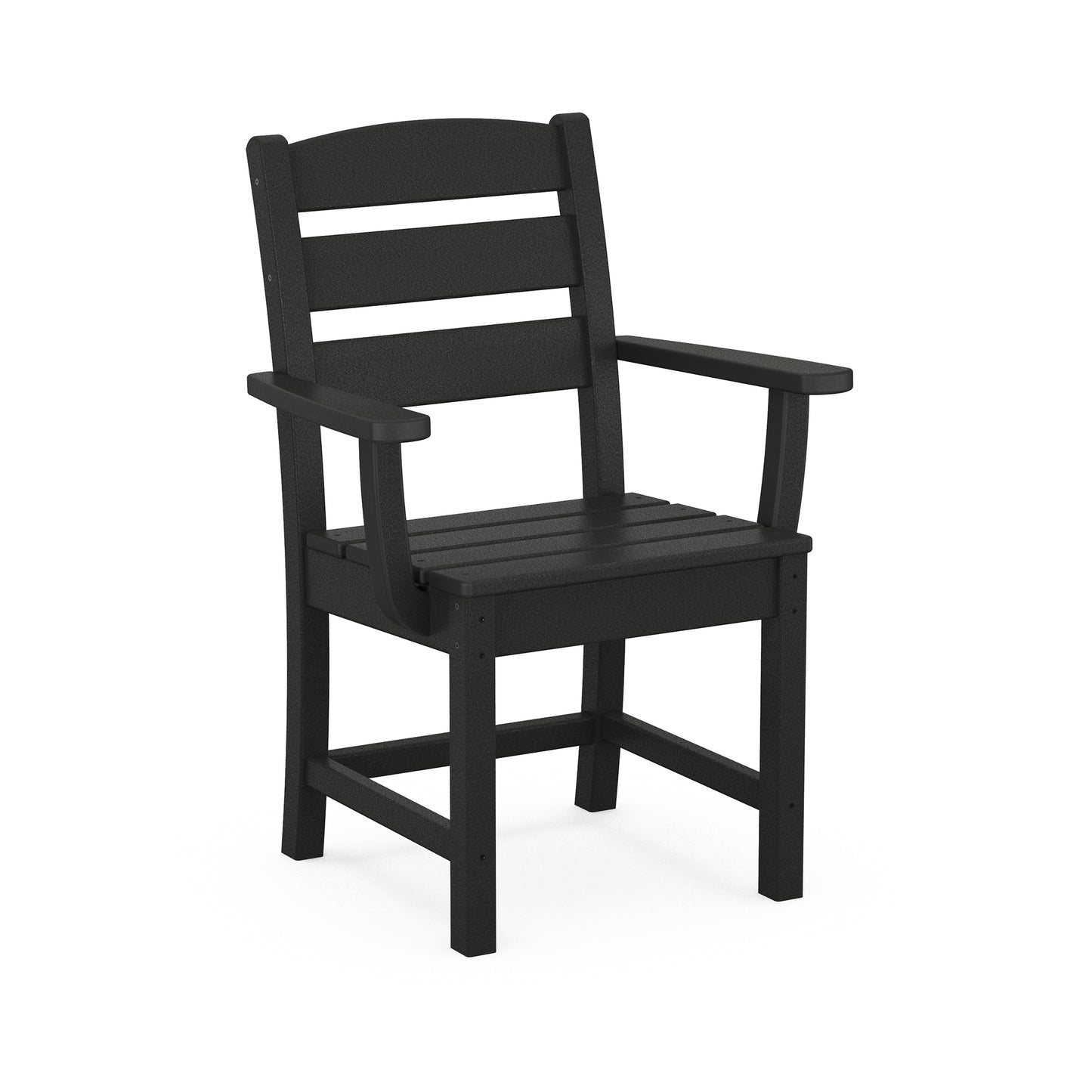 Black POLYWOOD Lakeside Dining Arm Chair with weather-resistant lumber, showcasing a slatted back and seat.