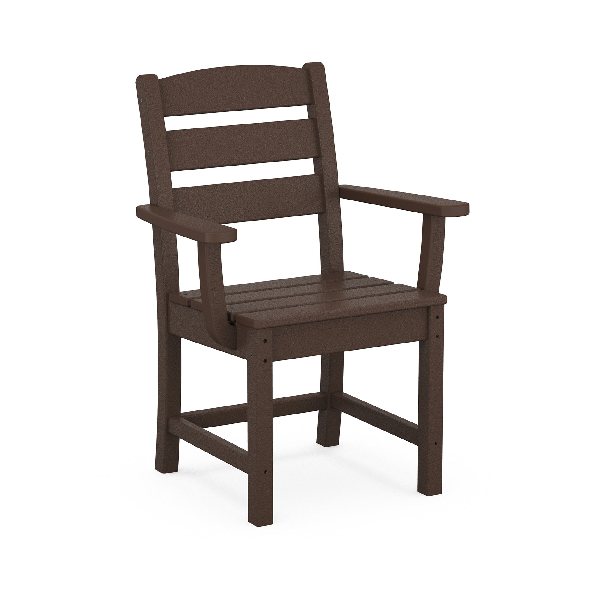 A brown POLYWOOD Lakeside Dining Arm Chair with a tall back and broad armrests, designed for outdoor environments, displayed on a plain white background.