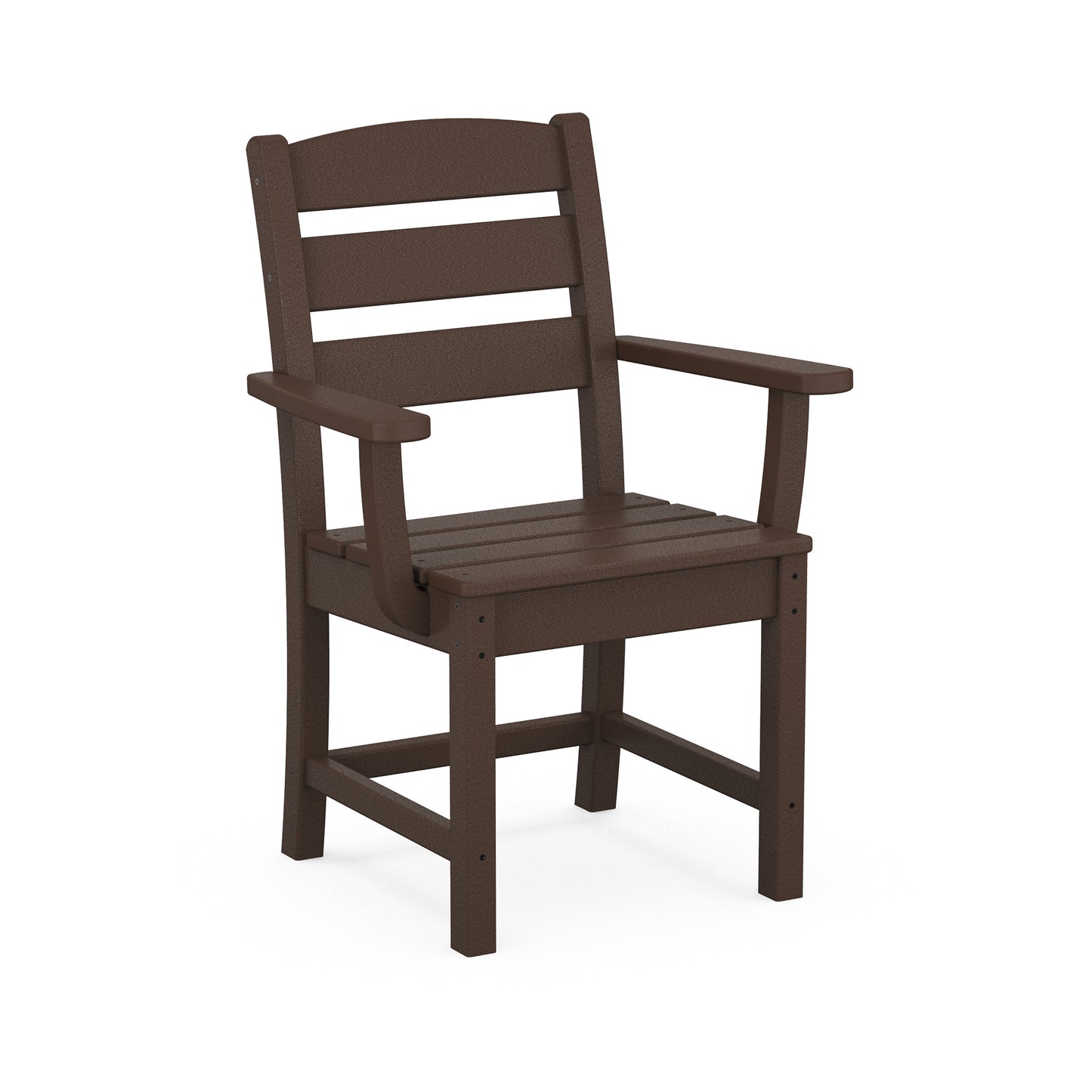 Brown POLYWOOD Lakeside Dining Arm Chair with slatted back and seat, showcasing American-made craftsmanship. Discontinued model.