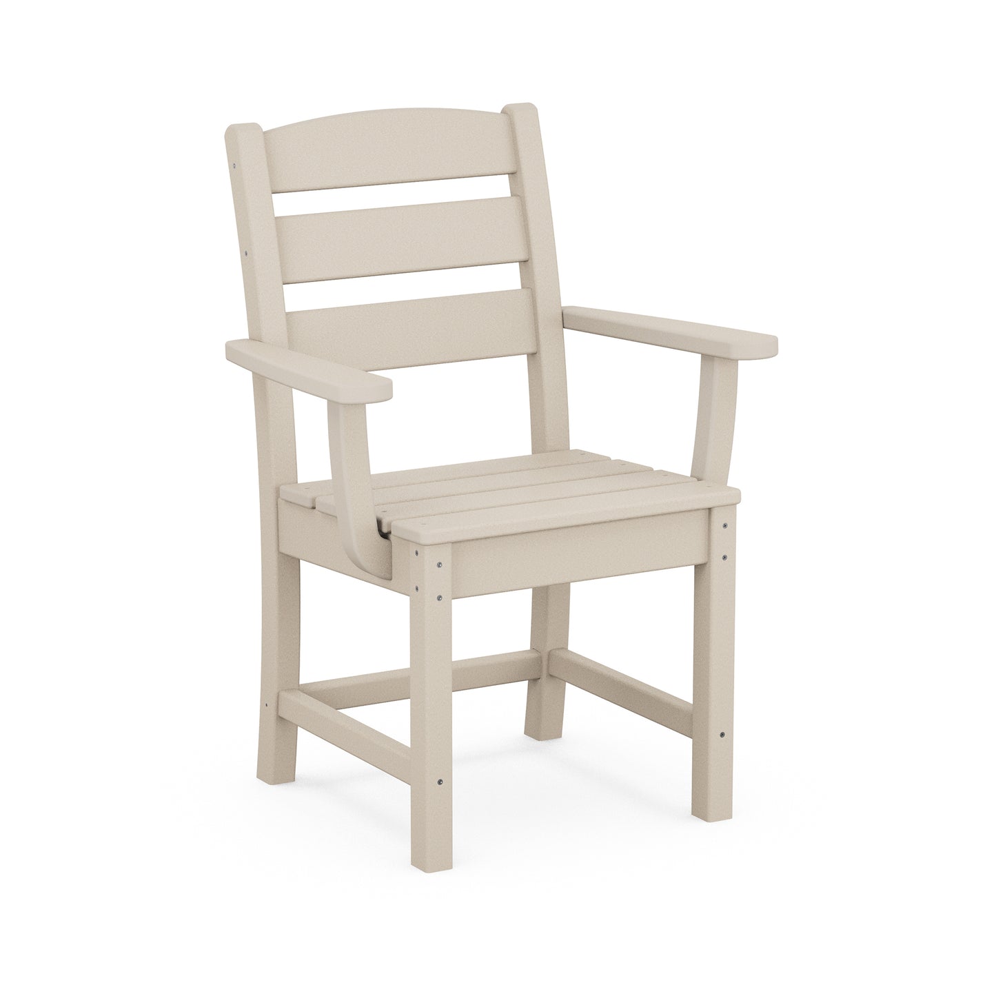A beige POLYWOOD Lakeside Dining Arm Chair with a straight back and armrests, made from POLYWOOD® lumber, displayed on a plain white background.