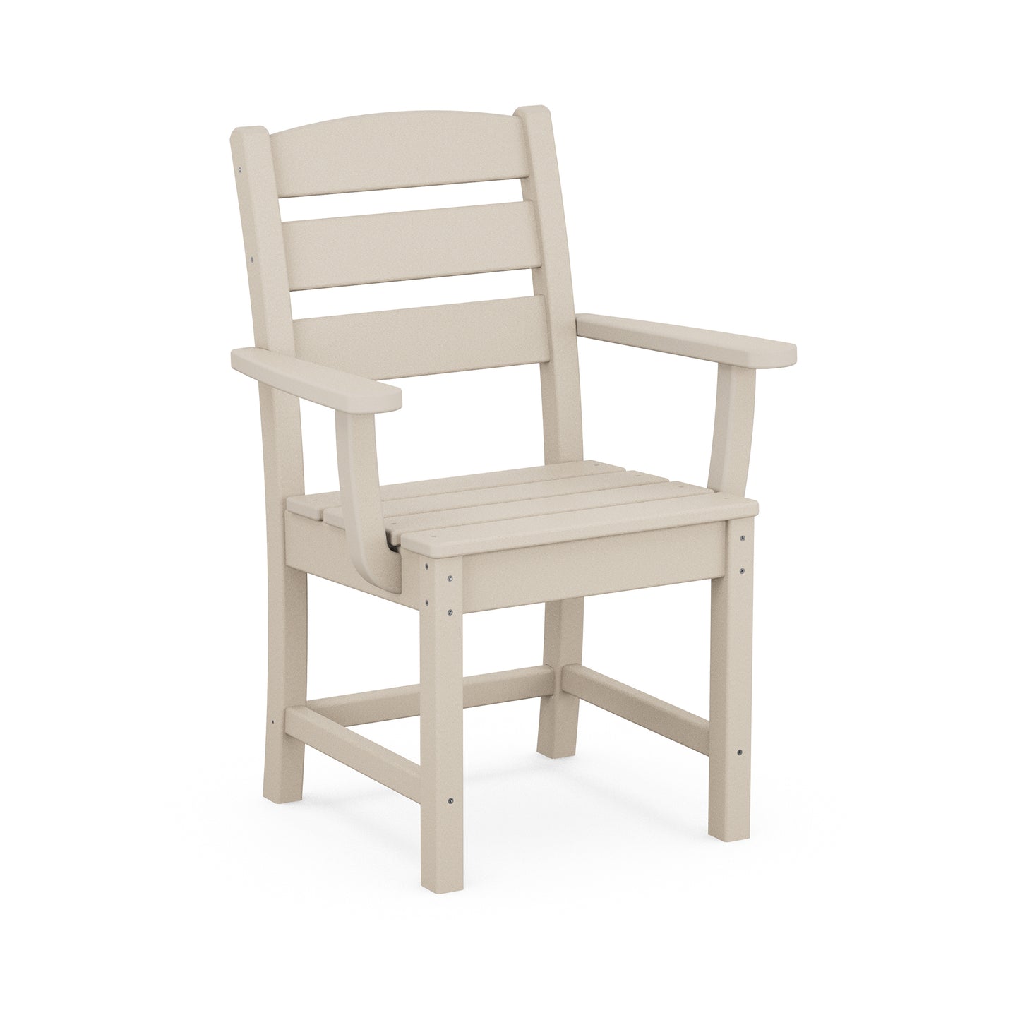 Beige POLYWOOD Lakeside Dining Arm Chair with slatted back and armrests, featuring weather-resistant durability.