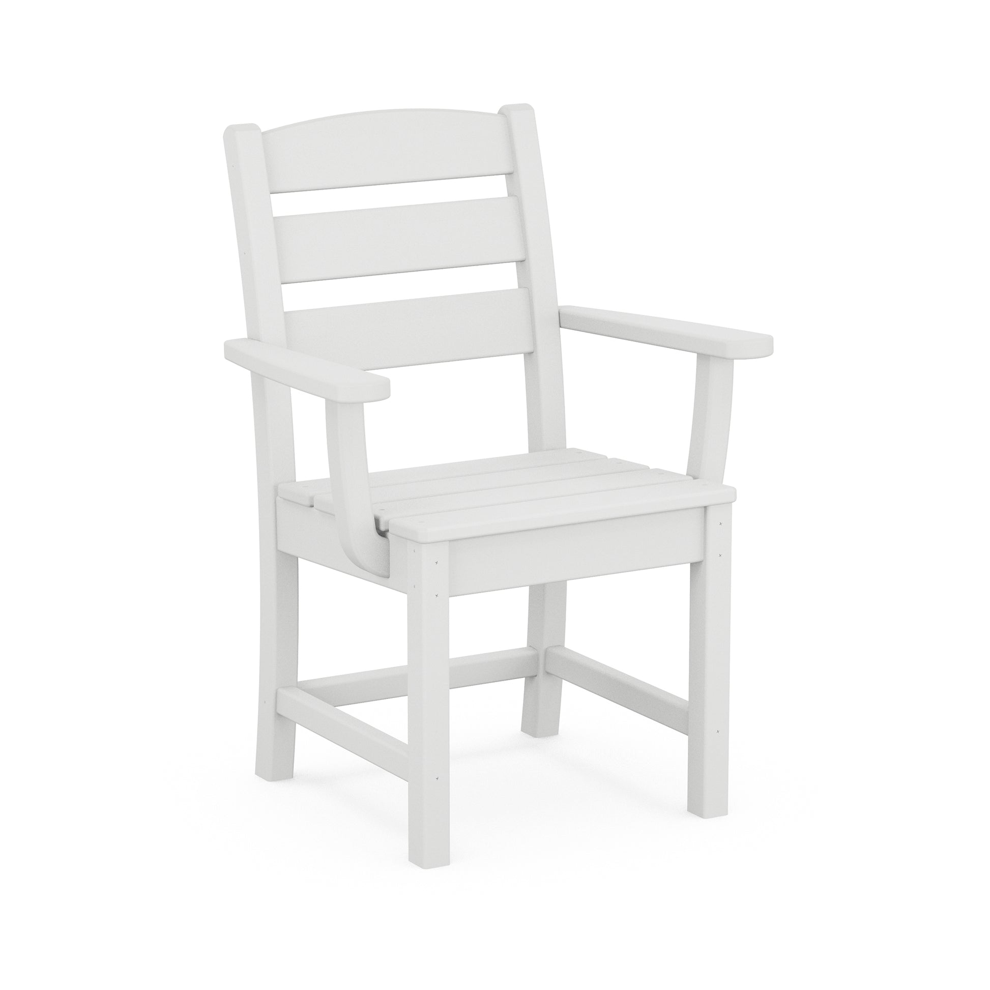 A white, traditional-style POLYWOOD Lakeside Dining Arm Chair with armrests, constructed of POLYWOOD® lumber, shown against an all-white background.
