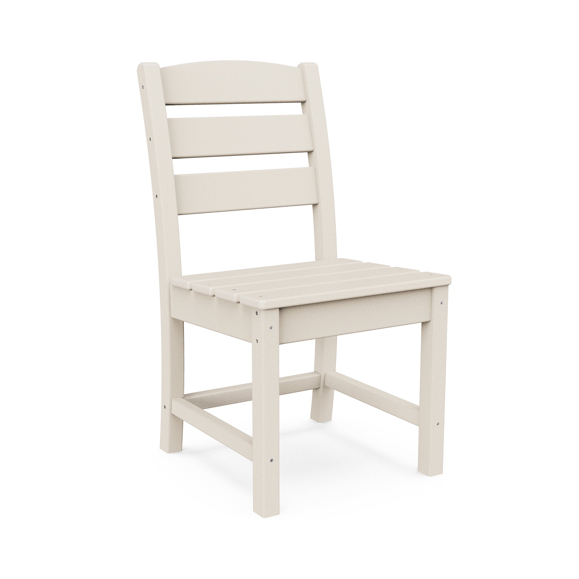 A simple, modern off-white POLYWOOD® Lakeside Dining Side Chair with a slatted back and a solid seat, set against a plain white background.