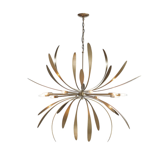 Large Dahlia Chandelier by Hubbardton Forge with modern gold finish and elongated metal rods, each showcasing a small bulb.