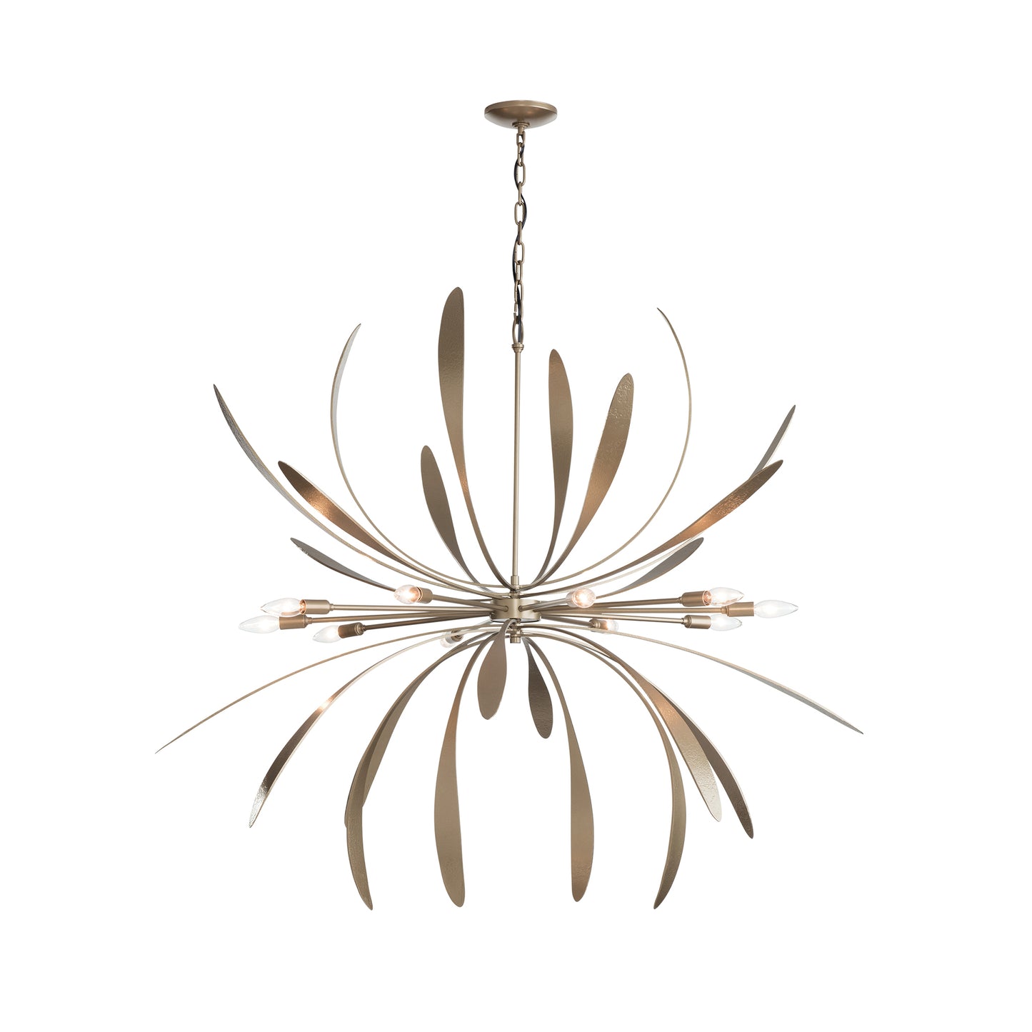 The handcrafted Large Dahlia Chandelier, created by renowned craftsmen at Hubbardton Forge, features a beautiful metal leaf design.