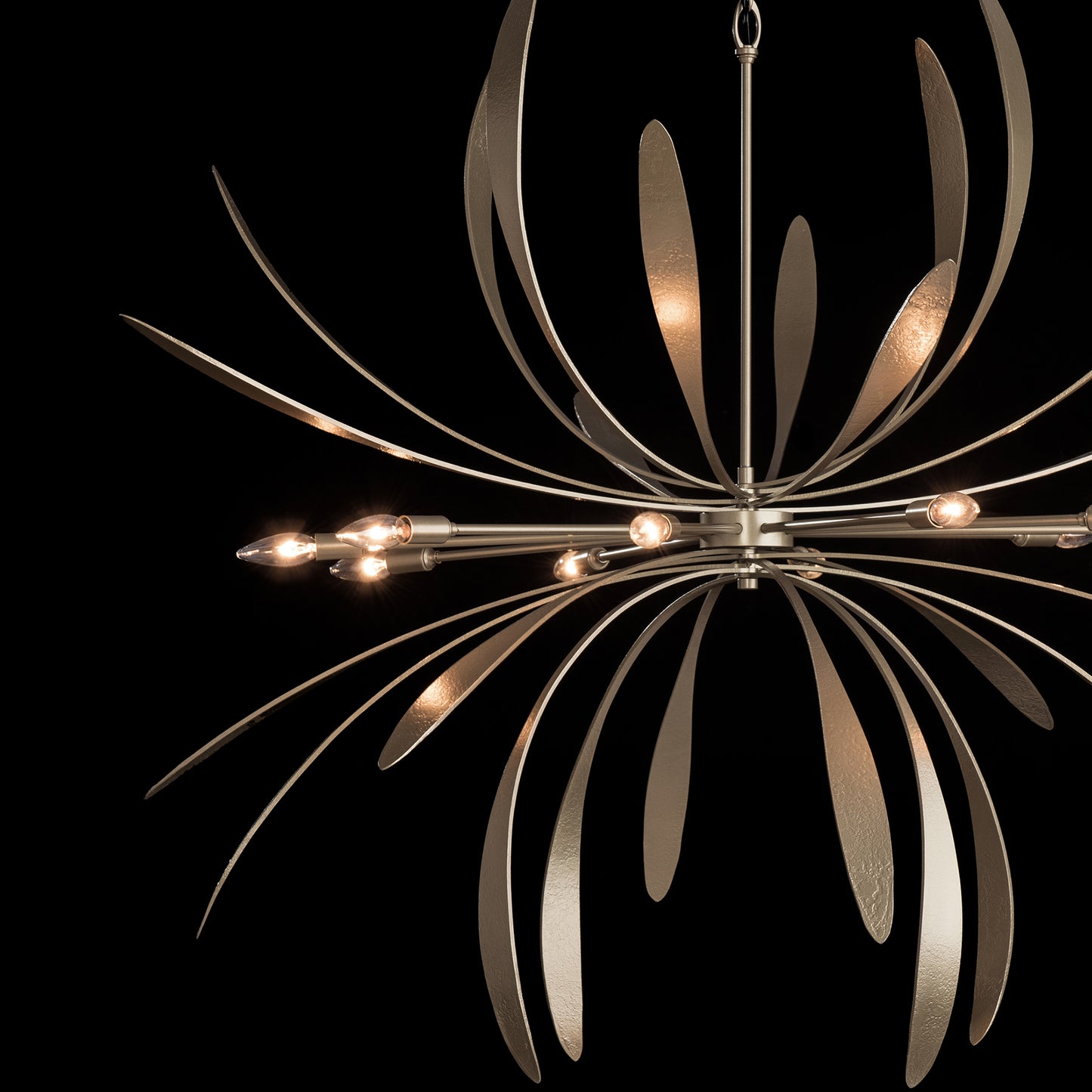 Large Dahlia Chandelier by Hubbardton Forge, featuring elegant metal curves and exposed bulbs, crafted in Vermont.