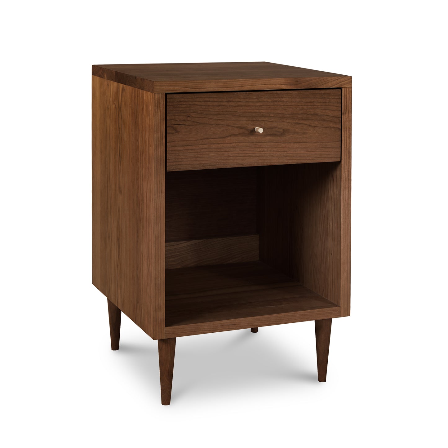 Larssen 1-Drawer Enclosed Shelf Nightstand by Vermont Furniture Designs, handcrafted in solid hardwood with mid-century modern style.