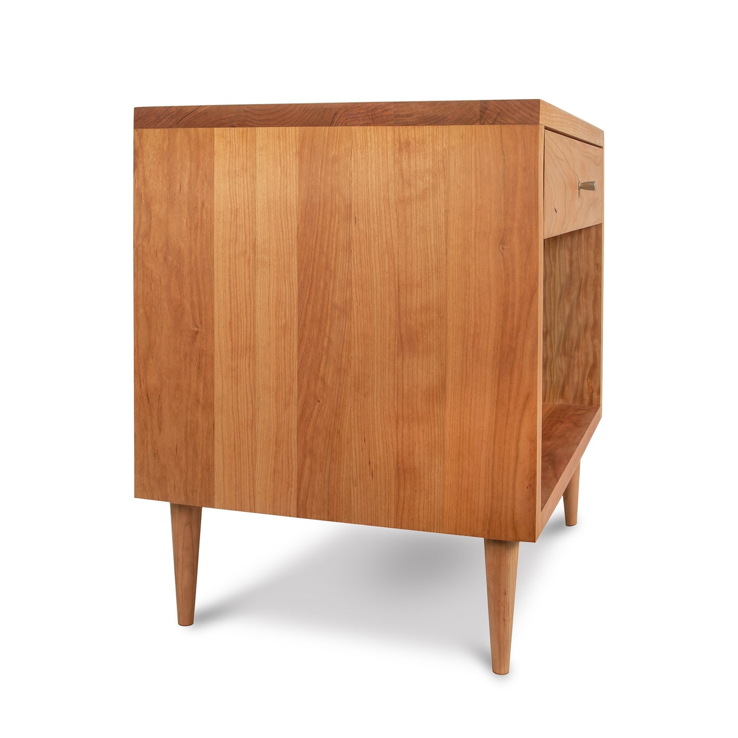 Larssen 1-Drawer Wide Nightstand crafted in natural hardwood with clean lines, tapered legs, and mid-century modern elegance by Vermont Furniture Designs.